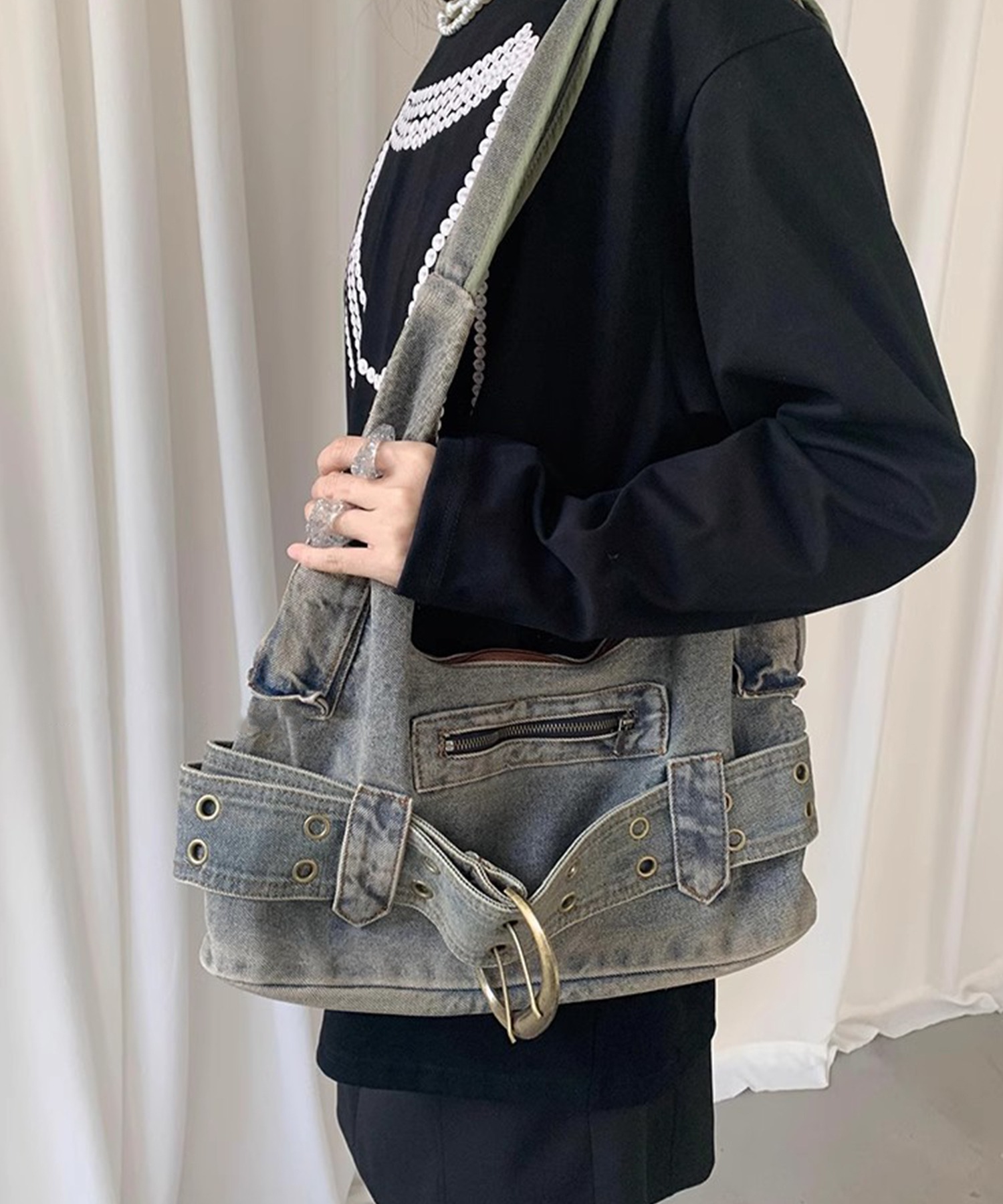 ヴィンテージライク デニムショルダーバッグ LON24a087-ファッション