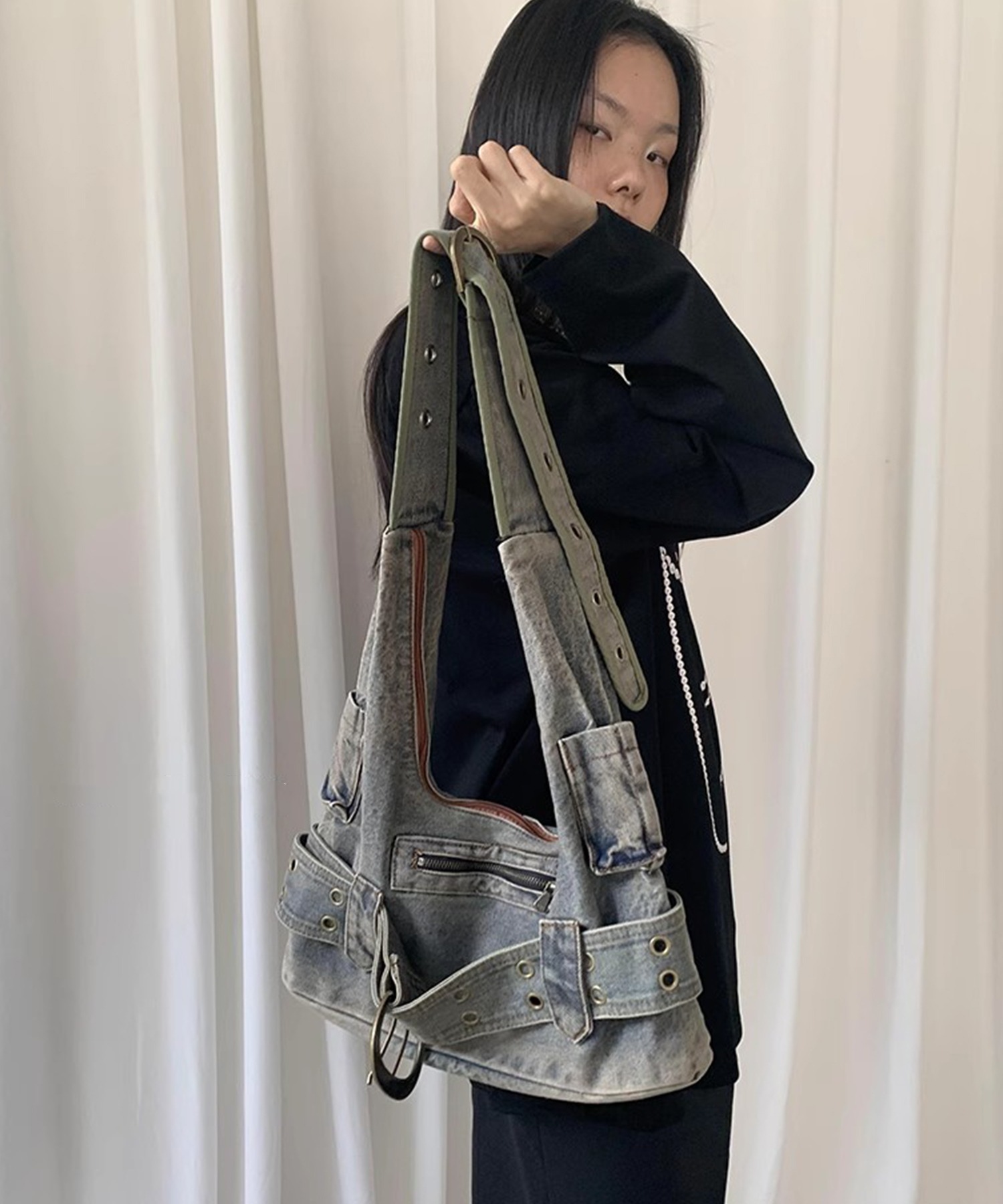 ヴィンテージライク デニムショルダーバッグ LON24a087-ファッション