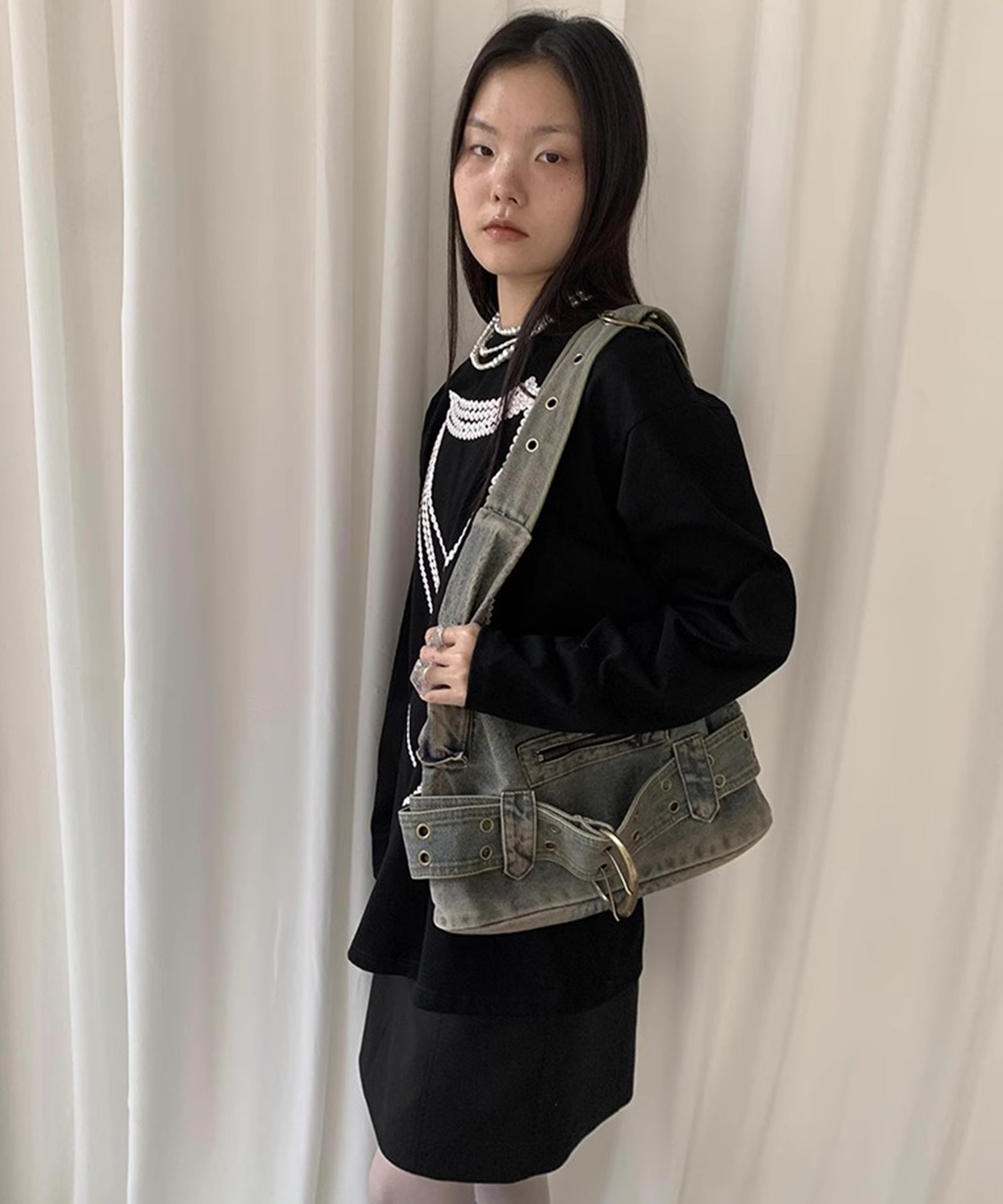 ヴィンテージライク デニムショルダーバッグ LON24a087-ファッション