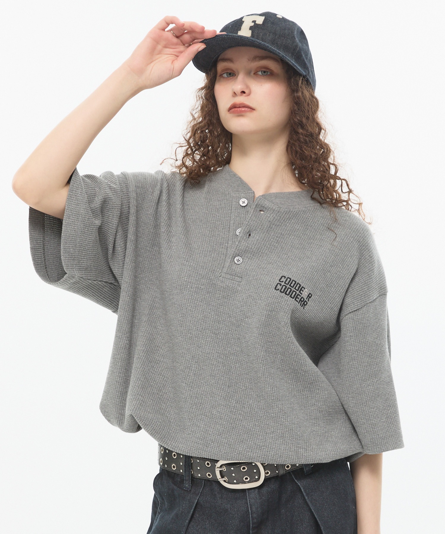 CODDERR】ロゴ刺繍 ドローコード ヘンリーネック ワッフル半袖Tシャツ
