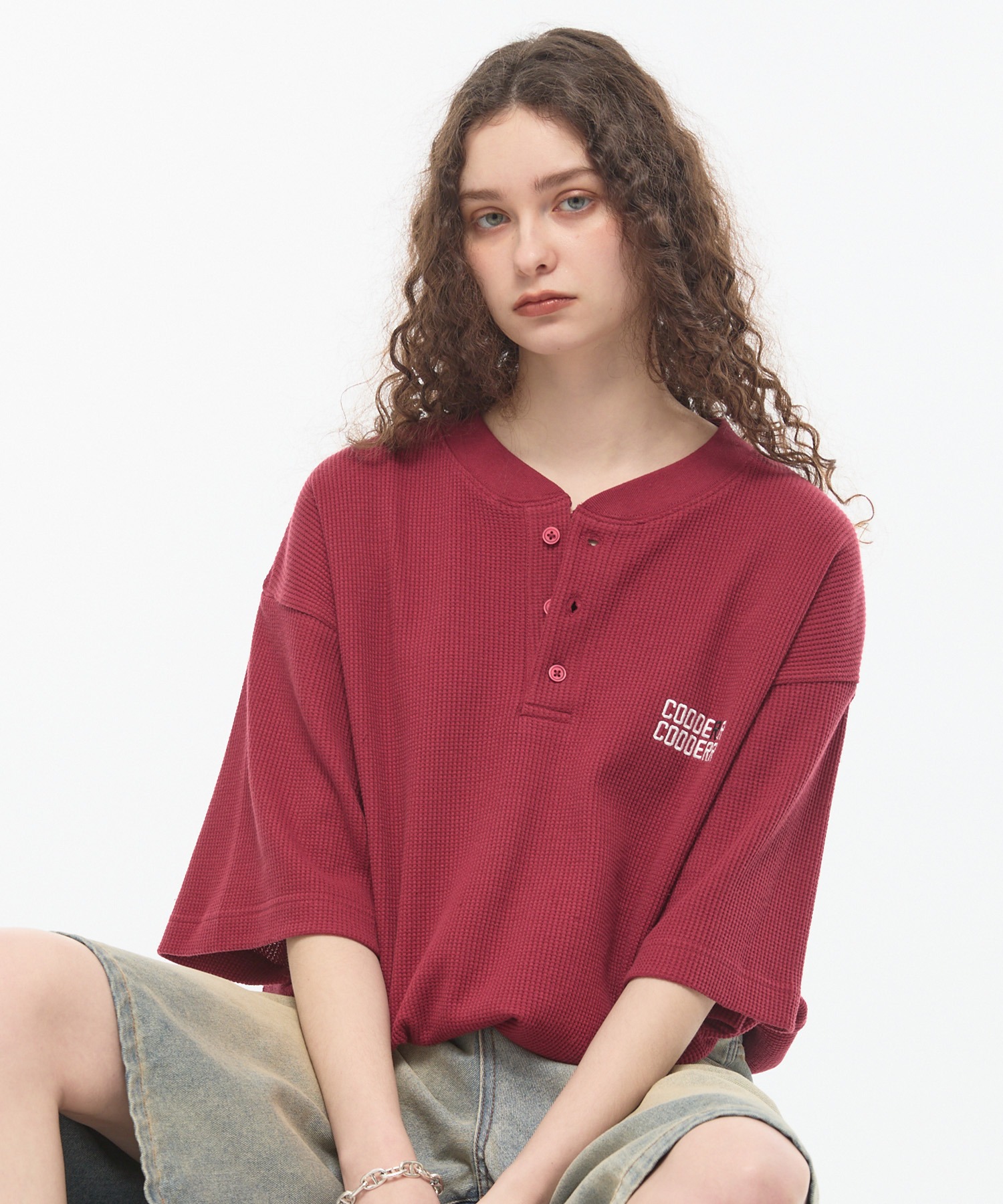 CODDERR】ロゴ刺繍 ドローコード ヘンリーネック ワッフル半袖Tシャツ