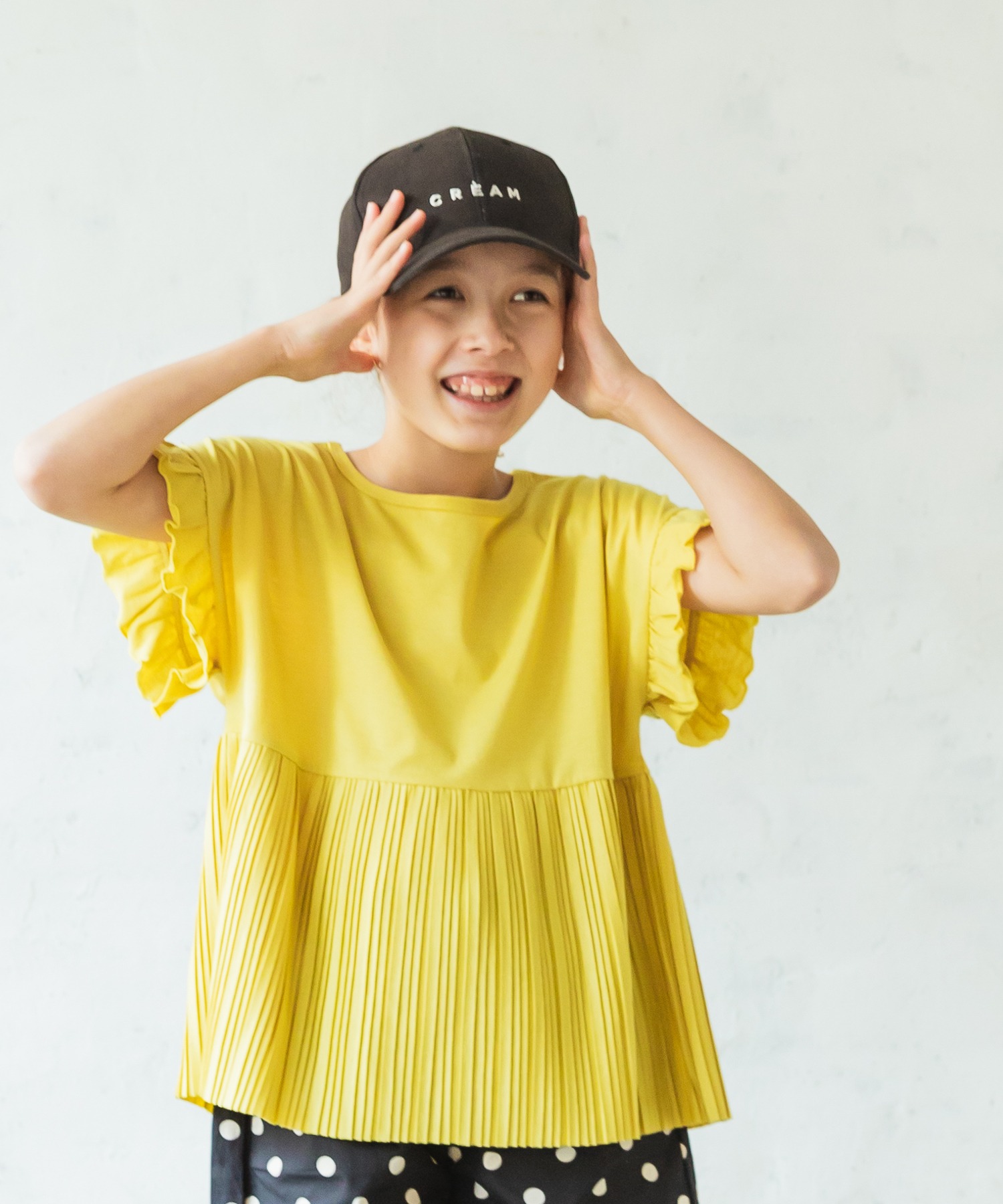 引出物 裾プリーツ 袖ギャザー フリル ストレッチ素材 ブラウス カットソー 半袖 Tシャツ