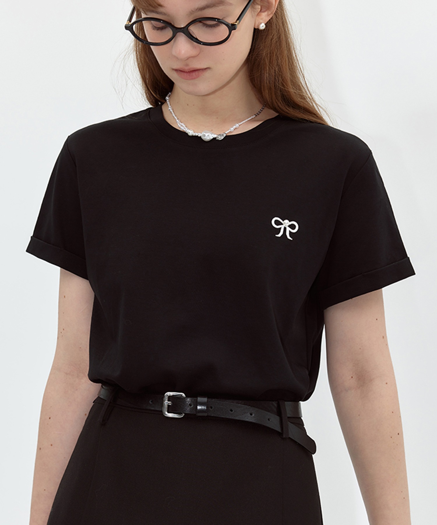 刺繍 パールリボン クルーネックTシャツ FX24S173【Fano Studios 