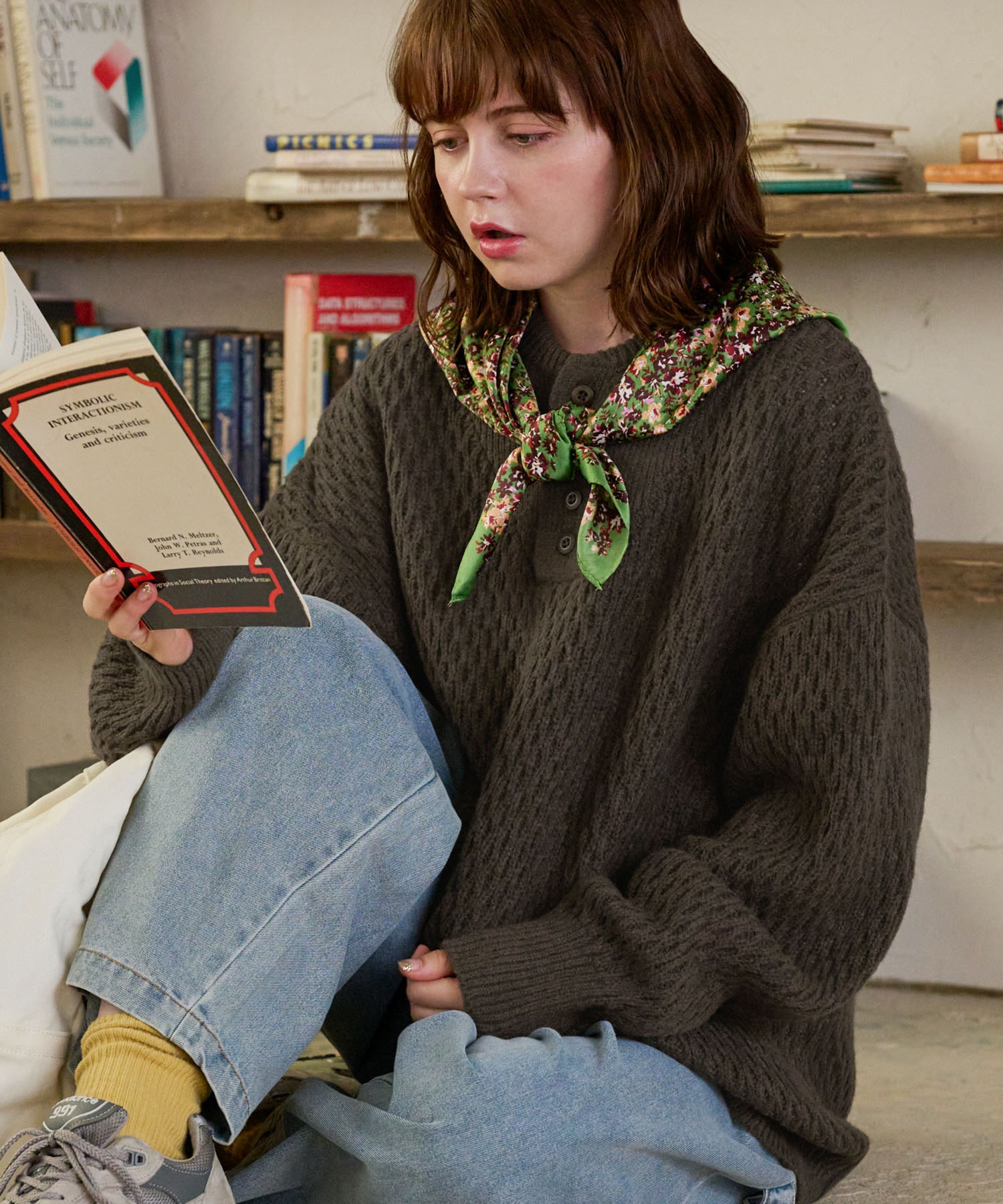 サーマル編みニットヘンリーネックミリタリージープセーター MONO-MART