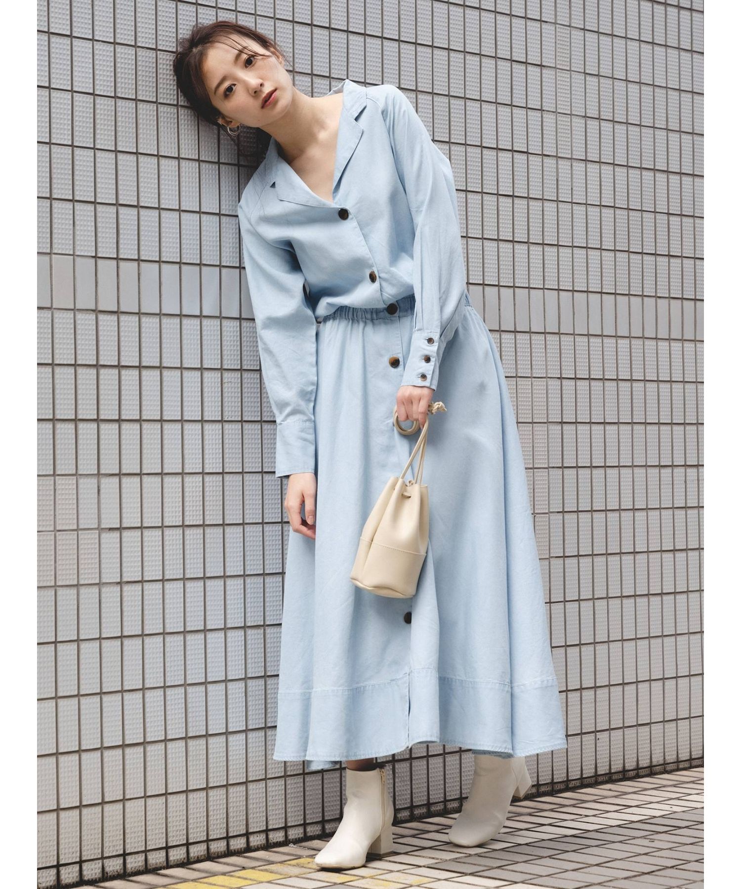 テンセルデニムオープンカラーフレアワンピース 販売