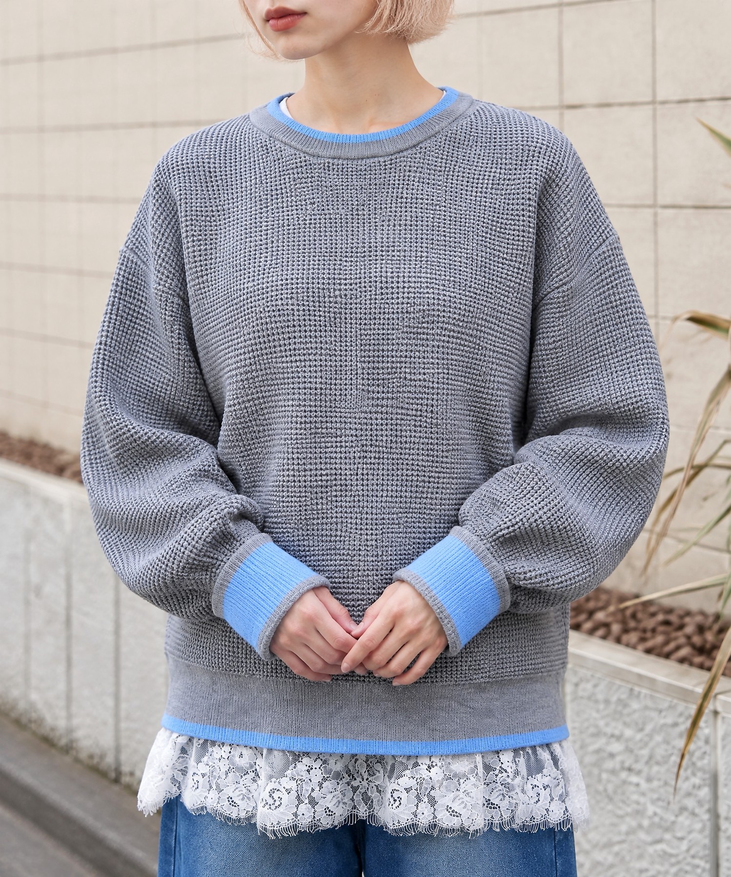 配色で魅せる｜クルーネック ワッフルニットプルオーバー
