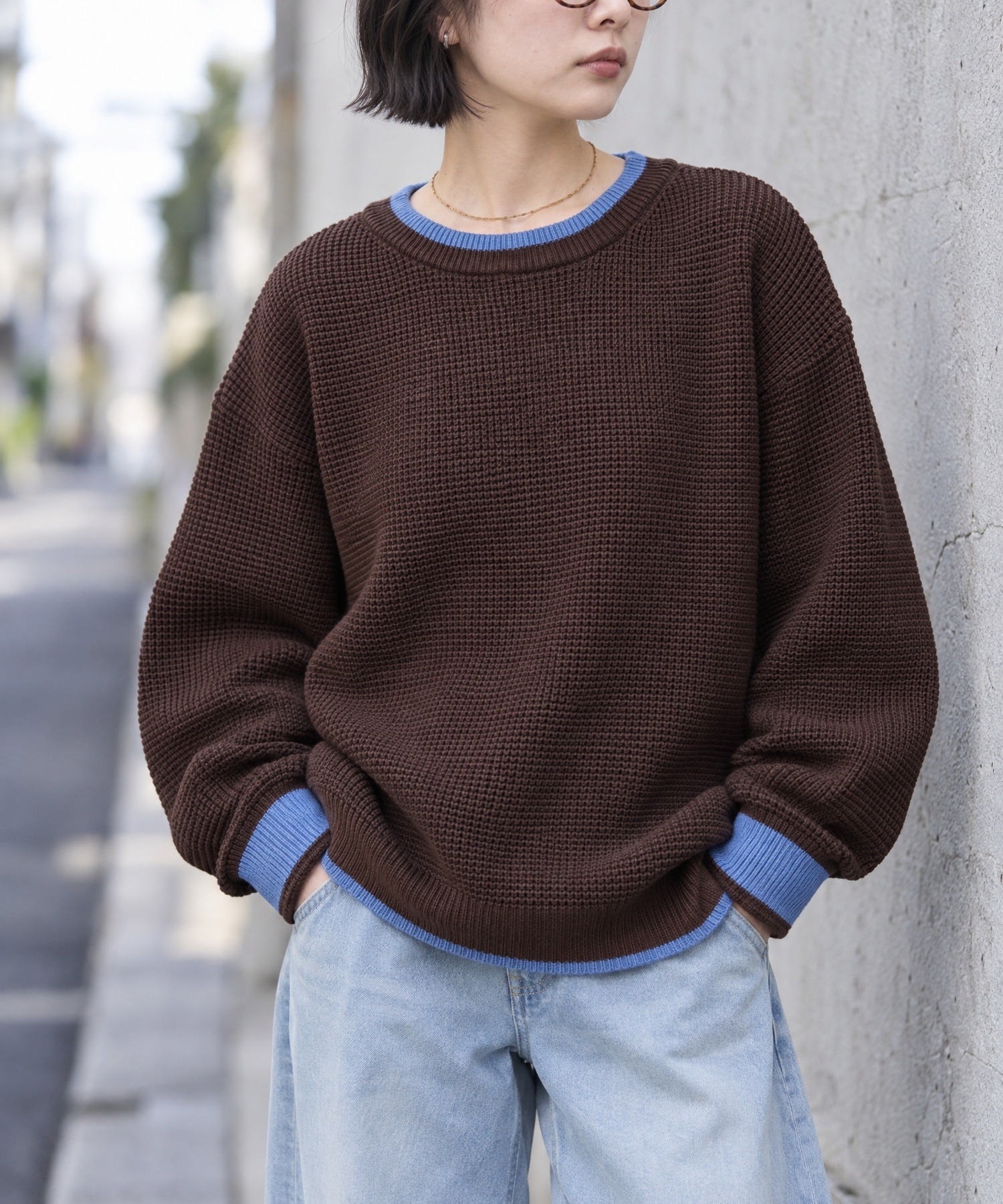 配色で魅せる｜クルーネック ワッフルニットプルオーバー