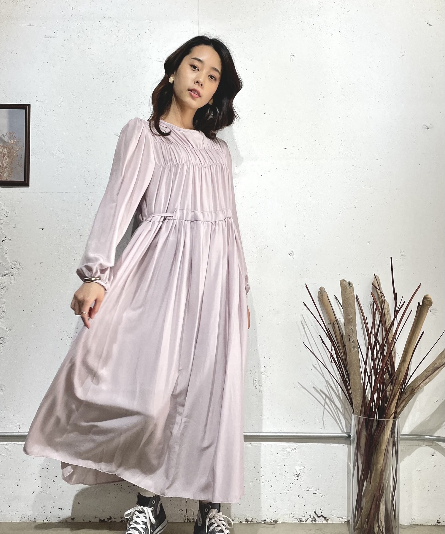 ギャザーデザインウエストマークワンピース マキシ丈 長袖 Missionindira Com
