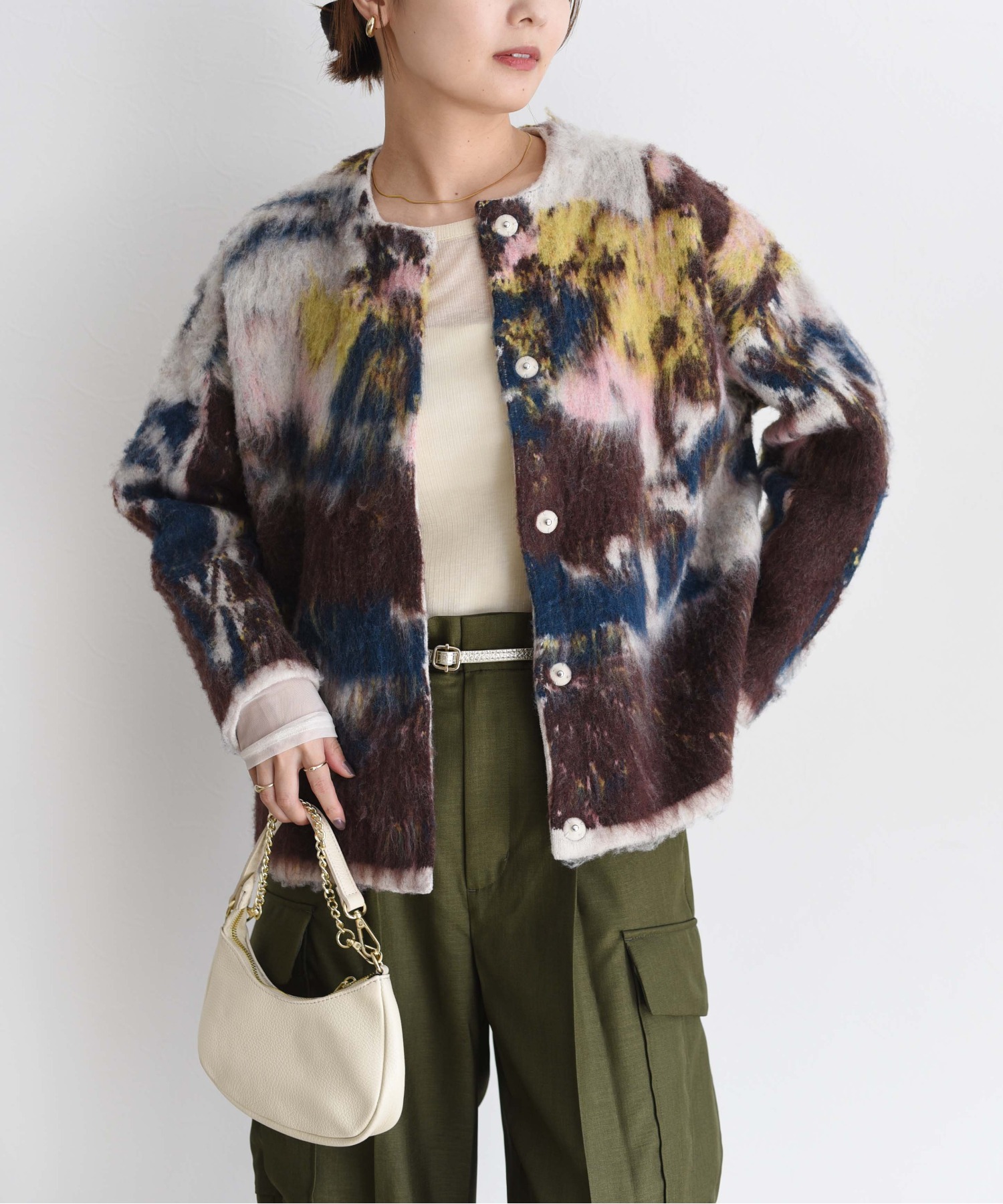 新品　今季　エイミーロウ　アートJQシャギーニットカーデ　アイボリー アートJQシャギーニットカーデ Eimee Law│Eimee Law & LHELBIE 公式