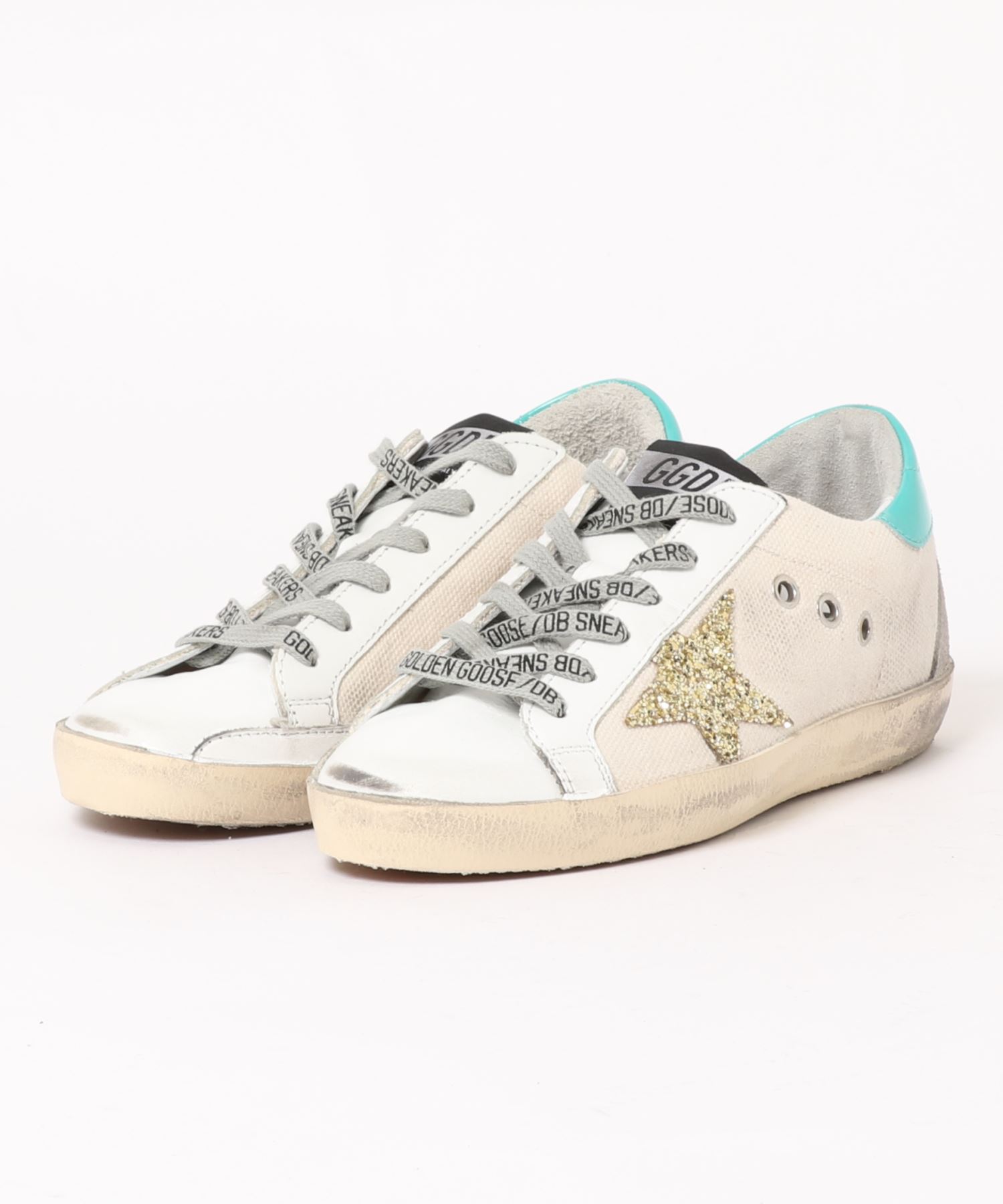 Golden Goose 新作製品 世界最高品質人気 Super Star Sneakers Natural Canvas Gold Glitter Leather Heel Patent Tab Star Green