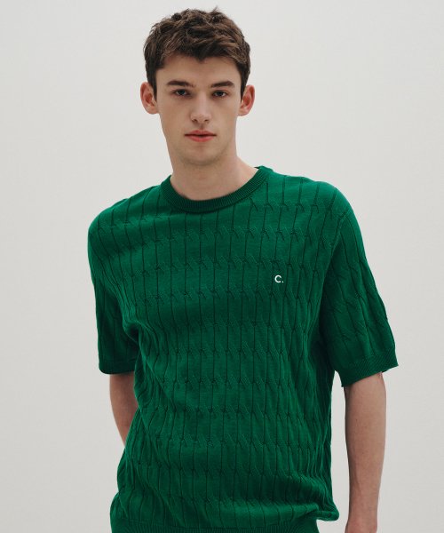 Cable Round Neck Knit_Men (Dark Green) — вязаный мужской пуловер, круглый вырез, тёмно‑зеленый