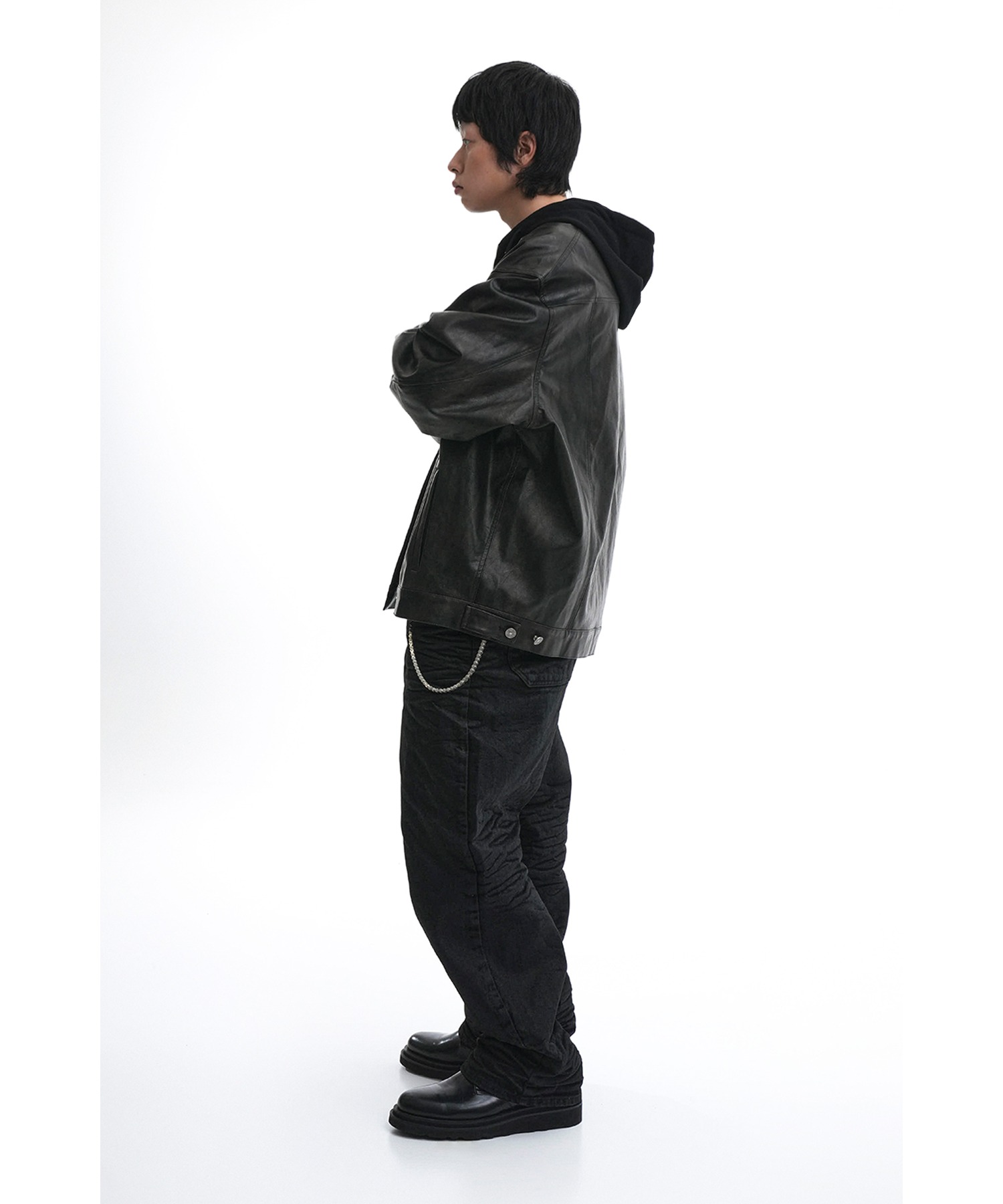 OY/オーワイ』 VINTAGE VEGAN LEATHER HOODIE TRUCKER JACKET/フード