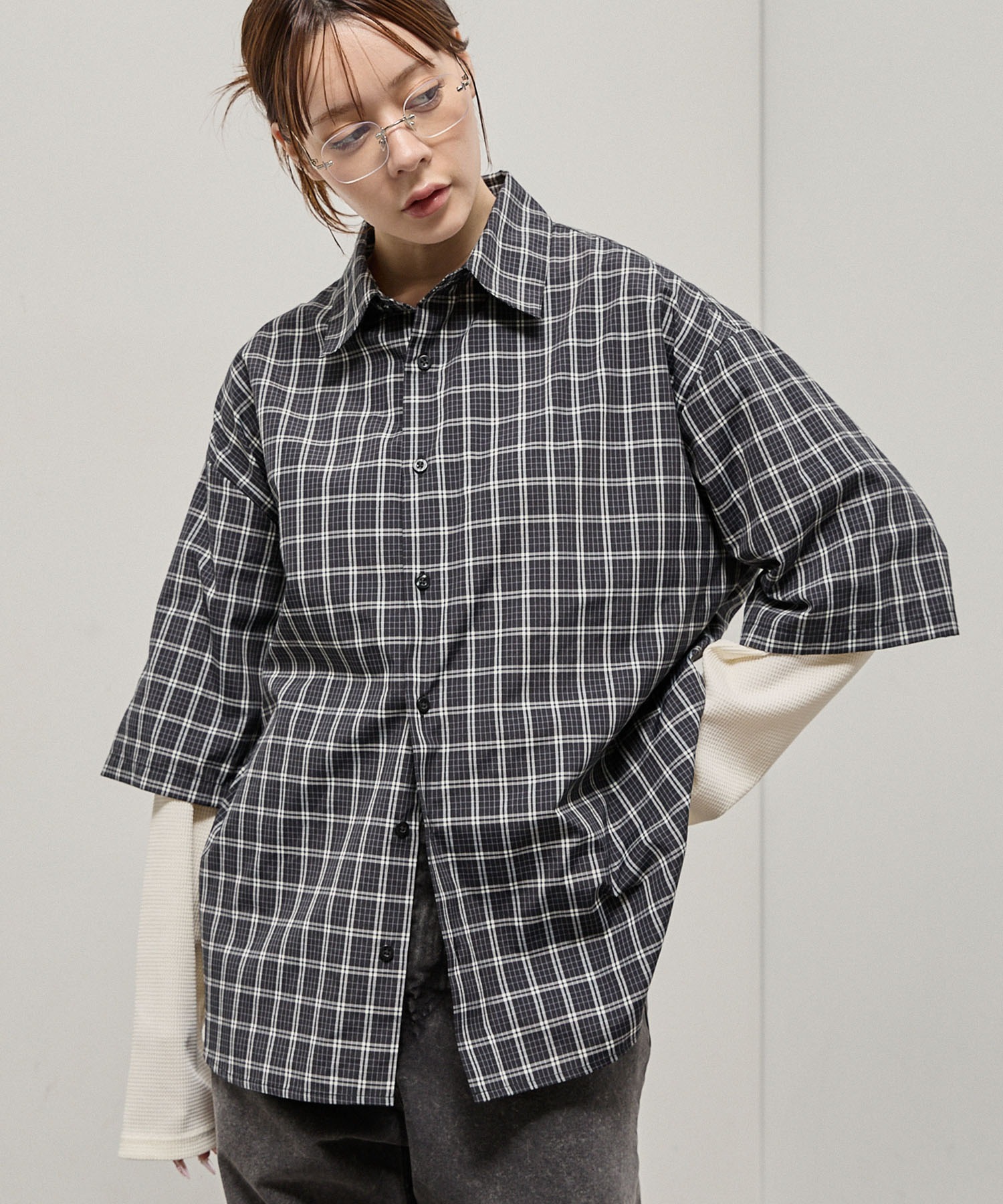 Alfred Alex】Fake Layered Plaid Shirt / オーバーサイズ ワッフル