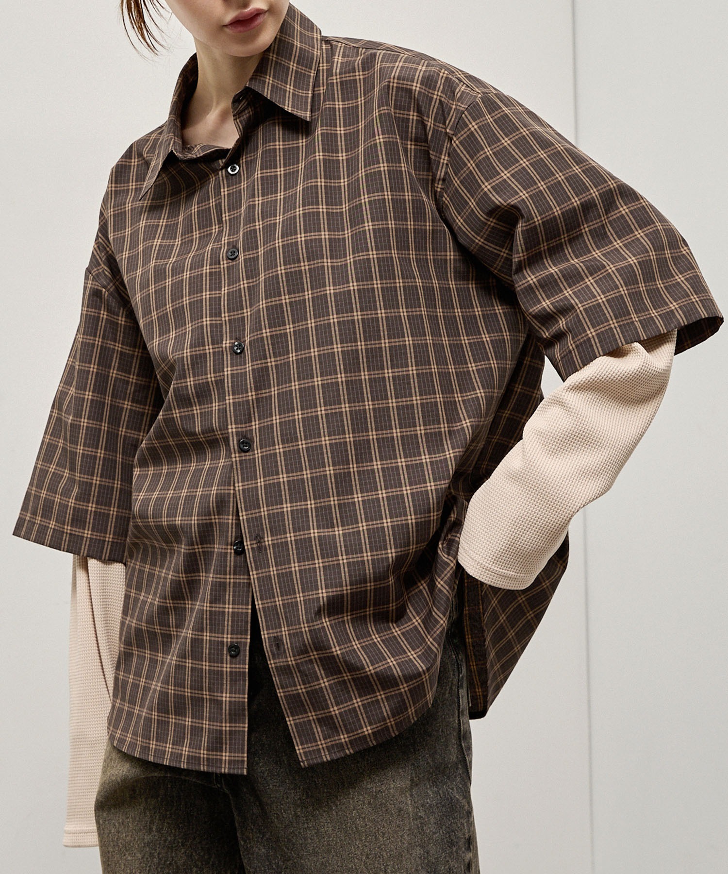 Alfred Alex】Fake Layered Plaid Shirt / オーバーサイズ ワッフル