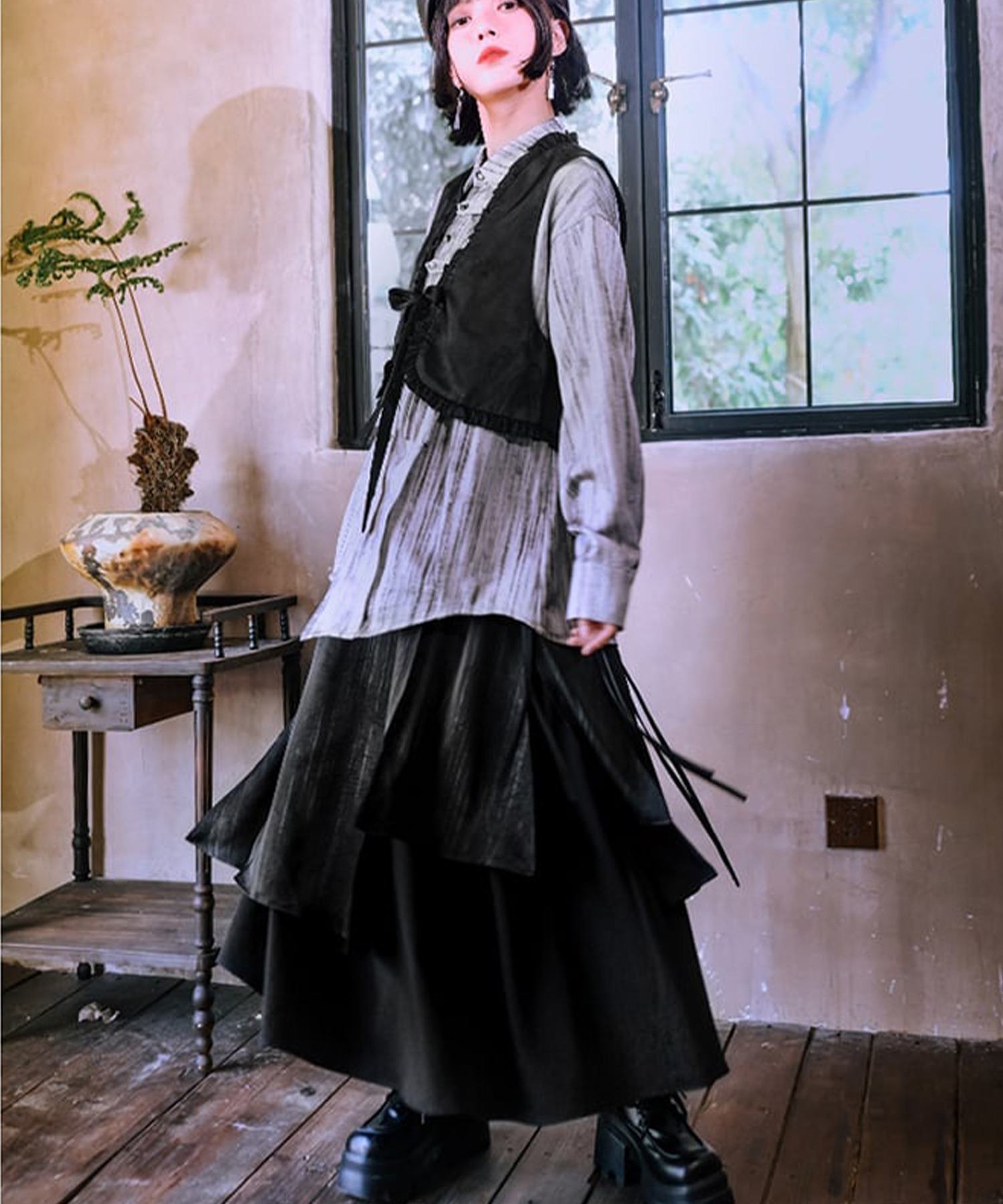 【新品タグ付】アシンメトリーレイヤードスカート アニュアンス anuans アシンメトリーレイヤードスカート （BLACK