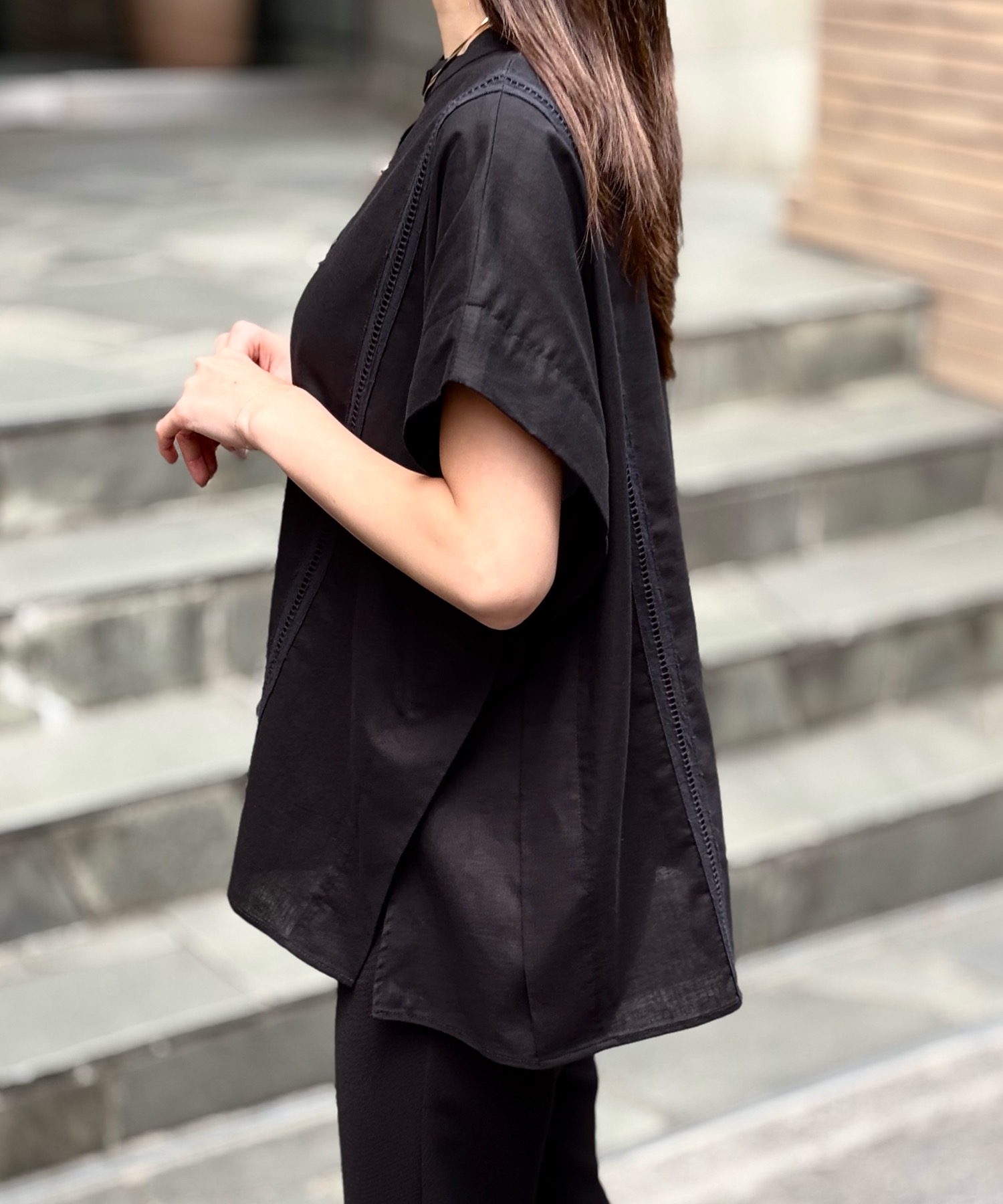 リネントップス黒ことり様 シアーリネンピコレースオーバータックシャツ Emma Taylor│STYLEDOOR