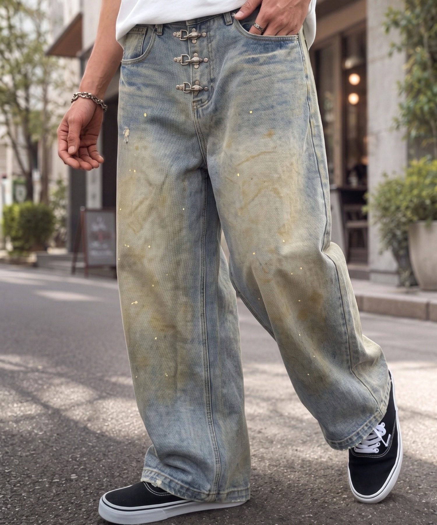 デニムパンツ型 ガラス天板 サイドテーブル　アメリカン　ビンテージ A'GEM/9 × .kom 『A'gem/エージェム』Fireman Hook Vintage Denim