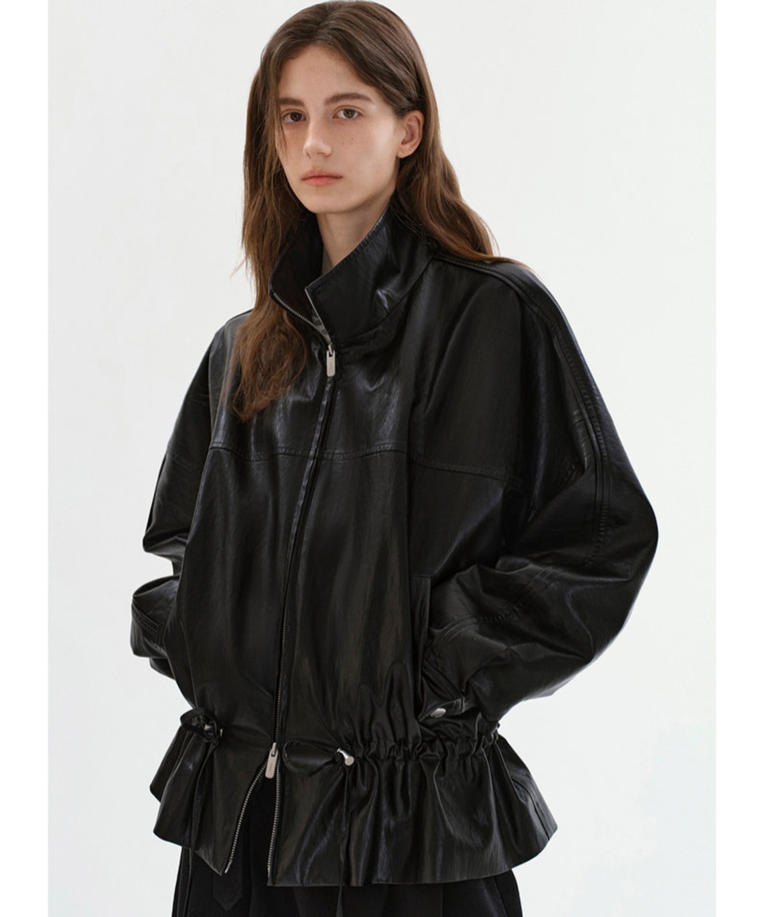 ダブルジッパー ドローコード フェイクレザージャケット FC26W010