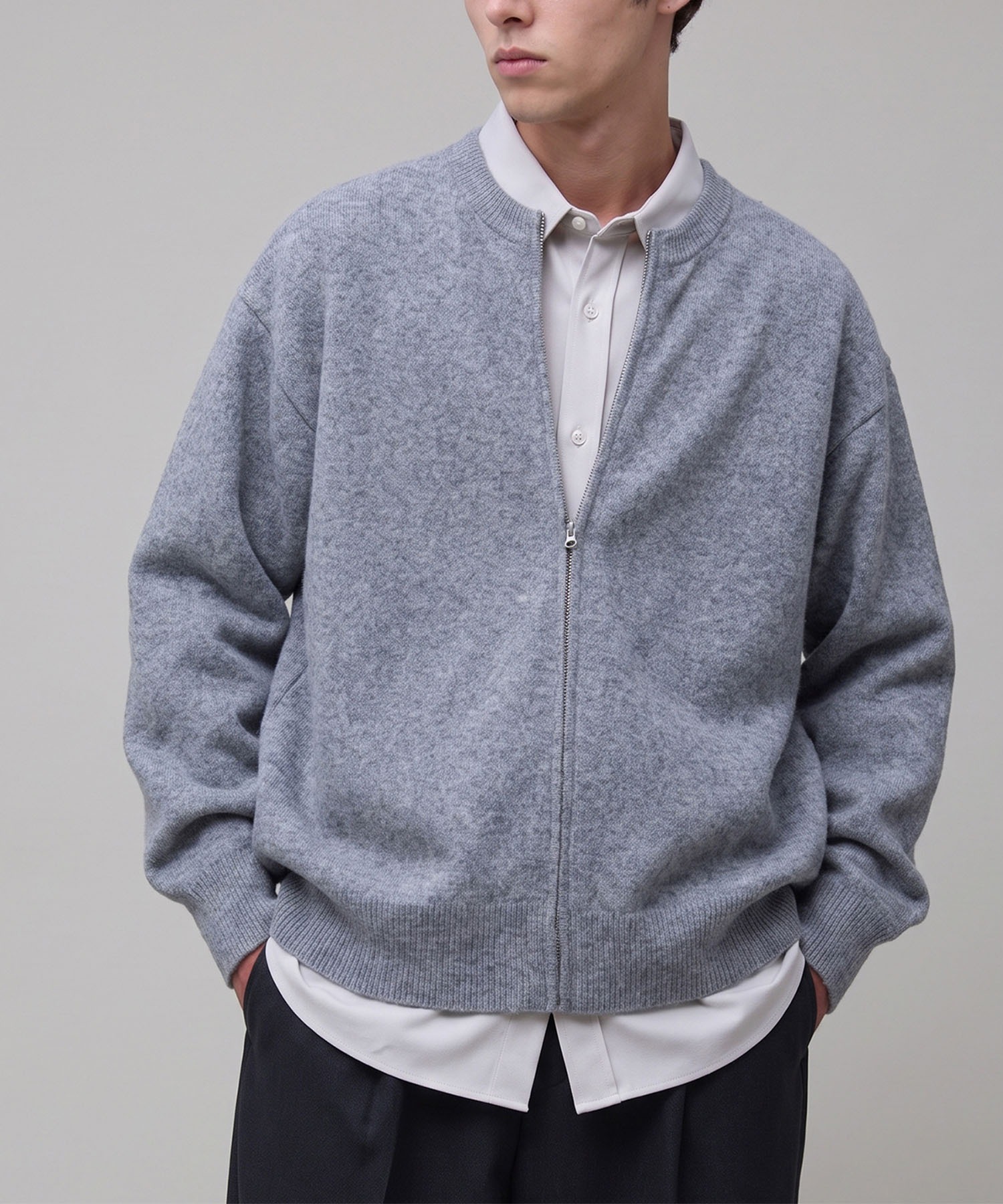 EASENCE】メランジミックスヤーン クルーネック ジップカーディガン
