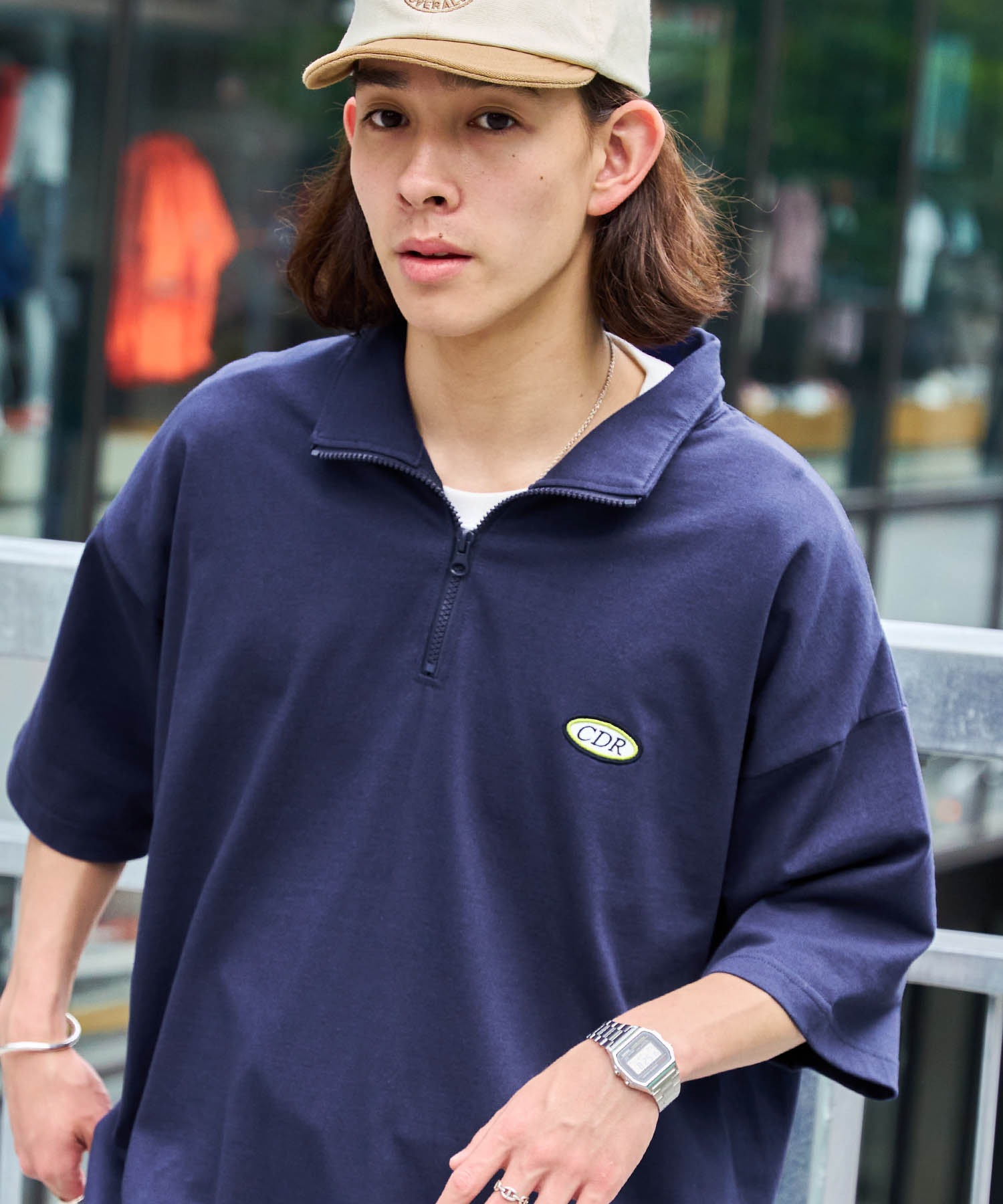 【CODDERR】ハーフジップ ワッペンロゴ刺繍 ビッグシルエット半袖Tシャツ