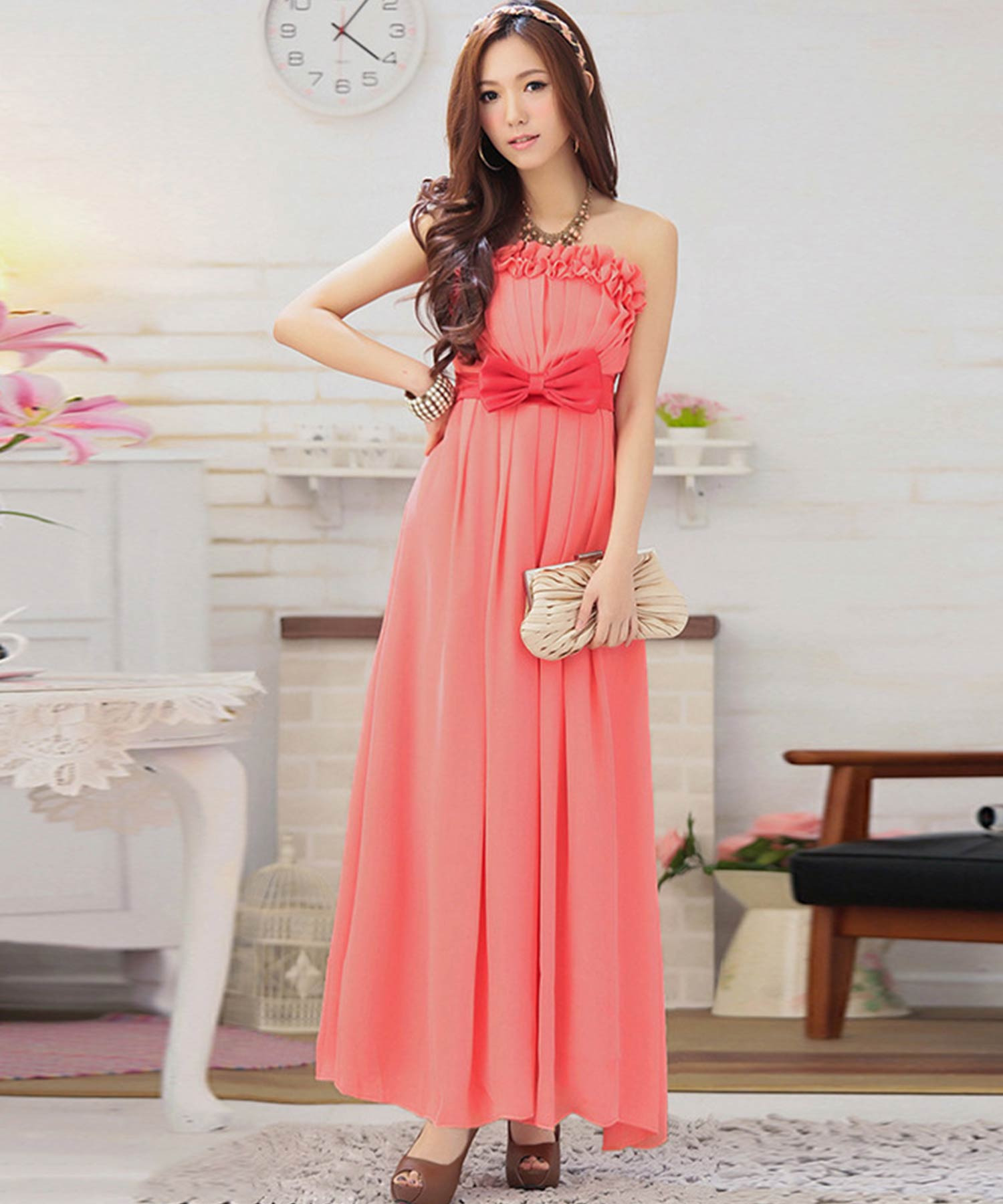 ベアトップ リボン フリル ロングドレスワンピース Urban Tales Com