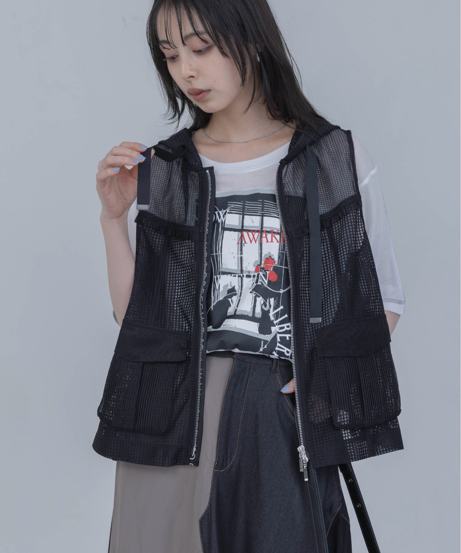 新品 今季 エイミーロウ Eimee Law マルチメッシュフーディーベスト