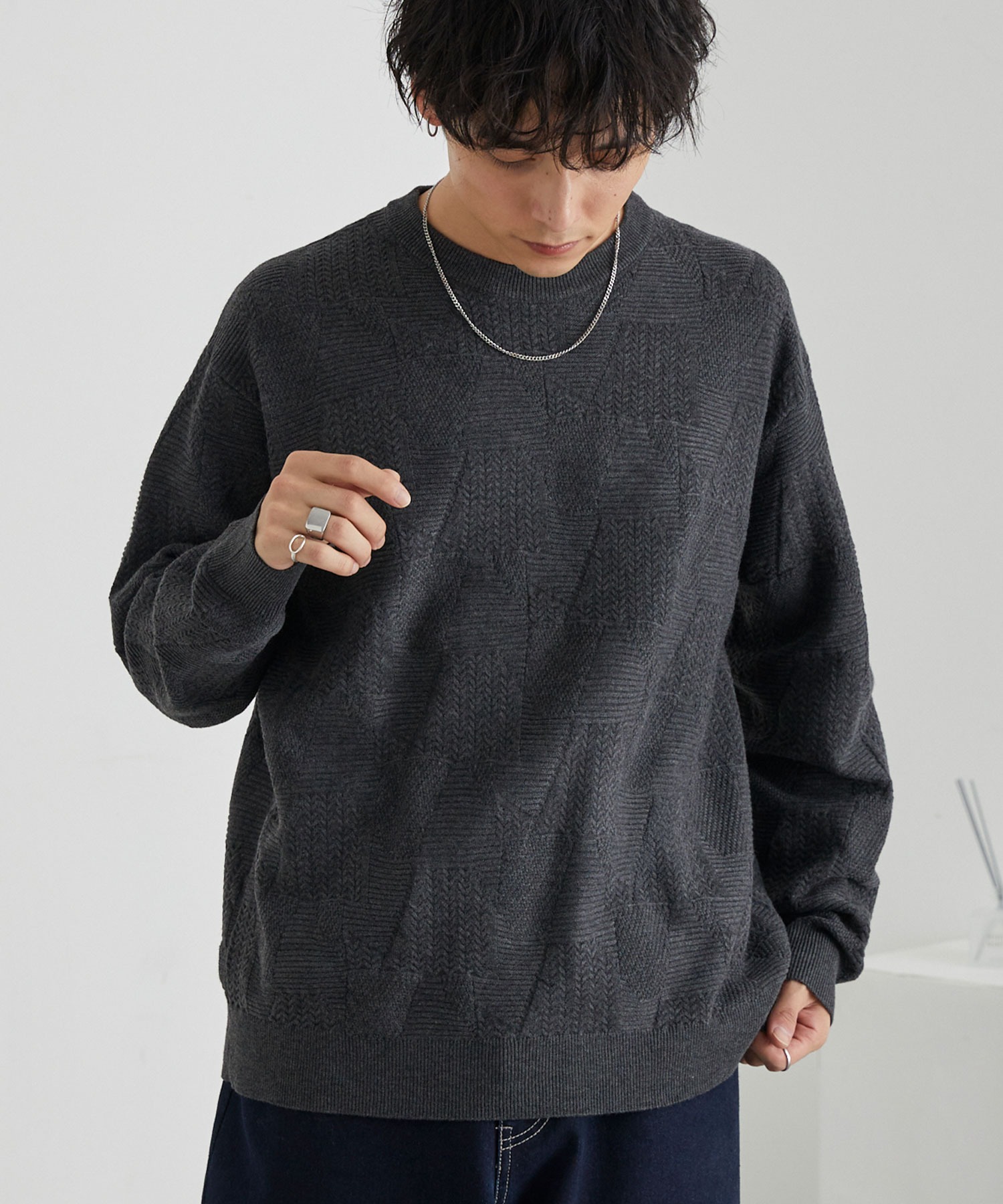 リンクスパターン オーバーサイズクルーネックニット<ウォッシャブル