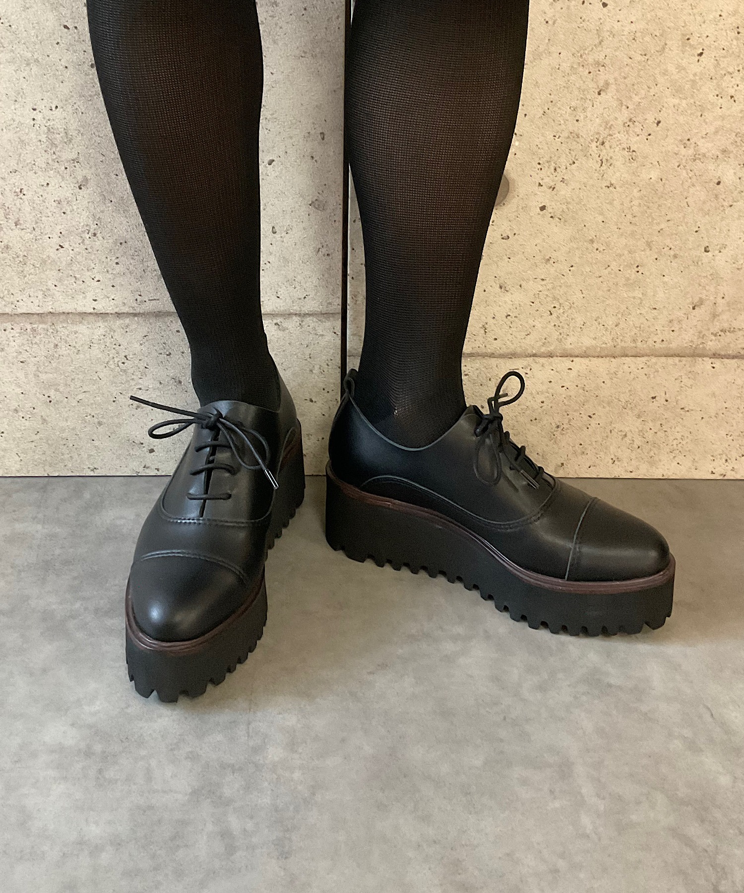 本革/厚底/6cm】キャタピラーソールレースアップシューズ ALL BLACK