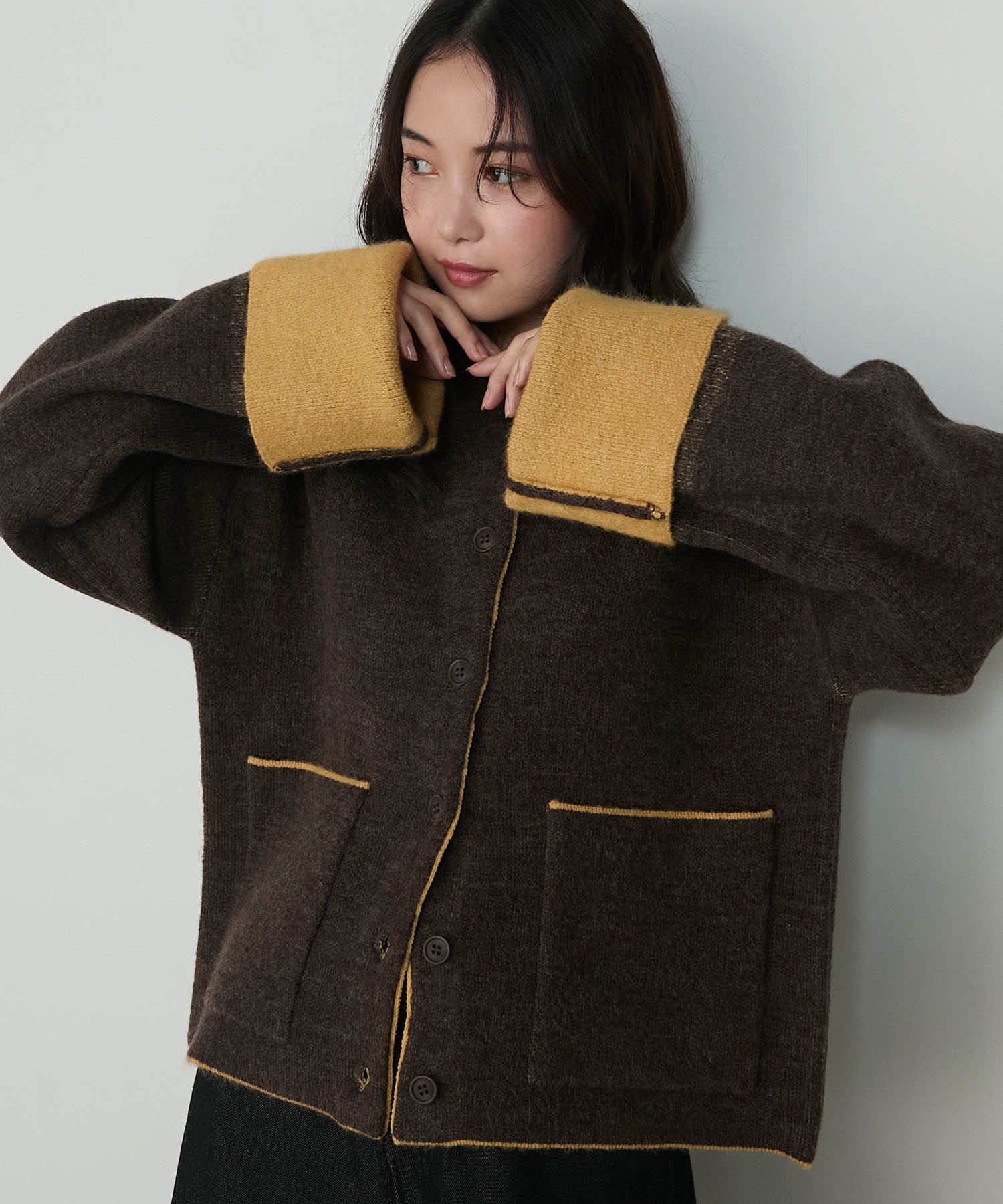 【forksy.】袖配色デザインバイカラーダブルフェイスニットカーディガン