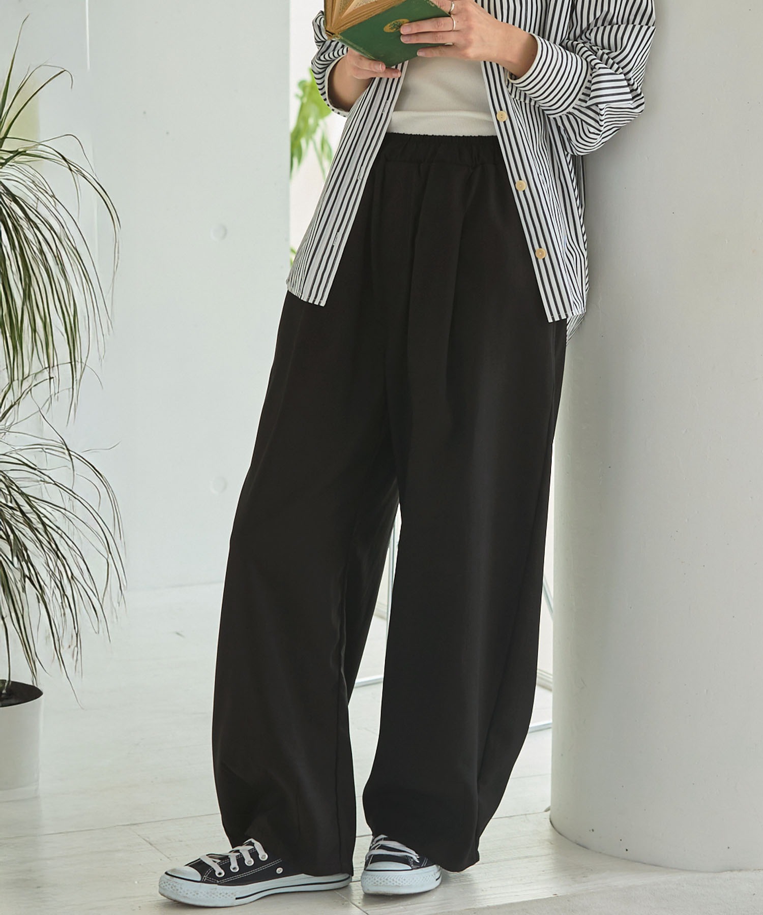 moon商品 リネンタッチリラックス コクーンカーブ ワイドイージーパンツ【THE