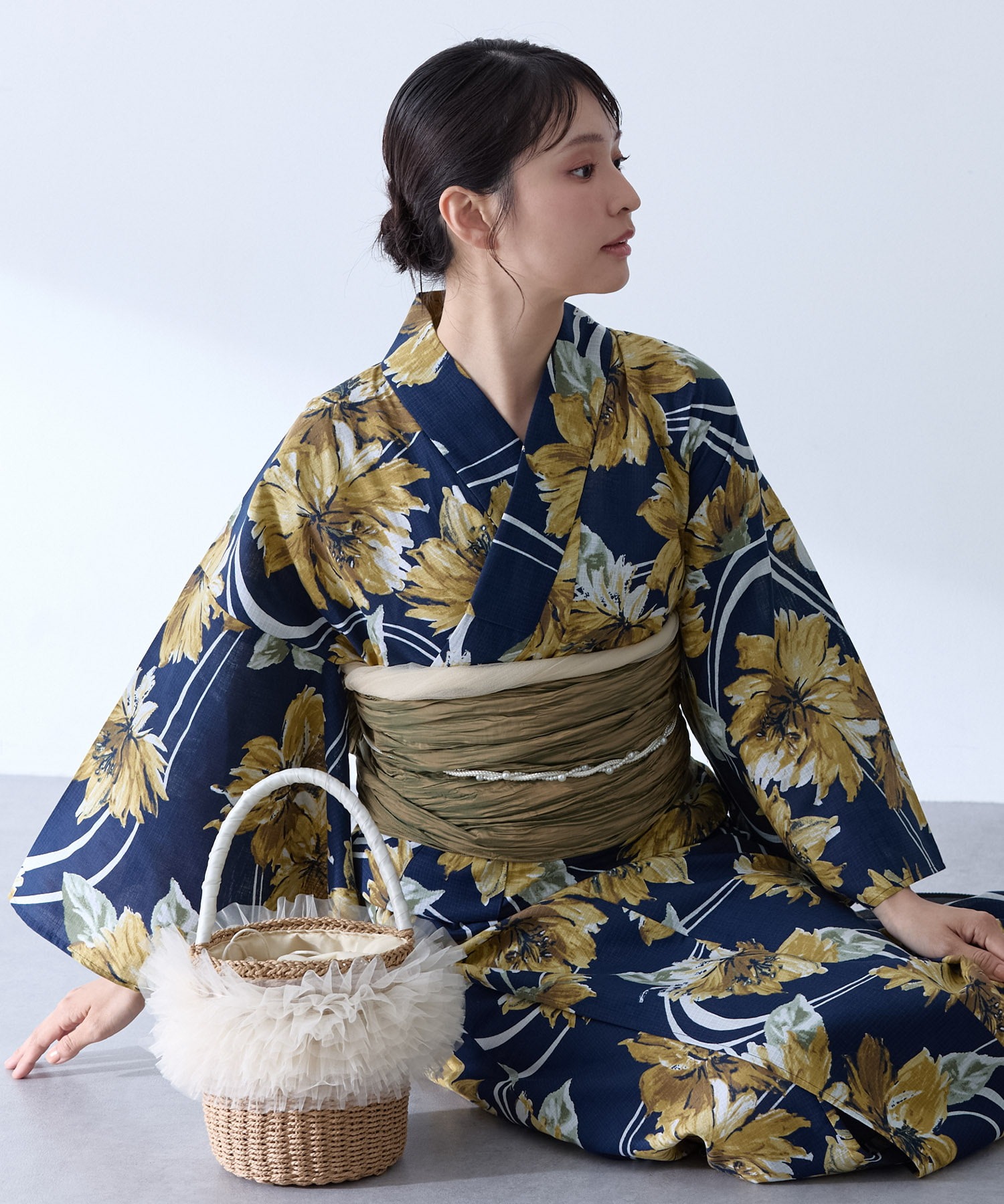 ブルーグリーン 花柄 浴衣・帯セット・下駄 選べるアソート花柄 浴衣 5点セット【浴衣＋兵児帯＋飾り帯+帯留め+
