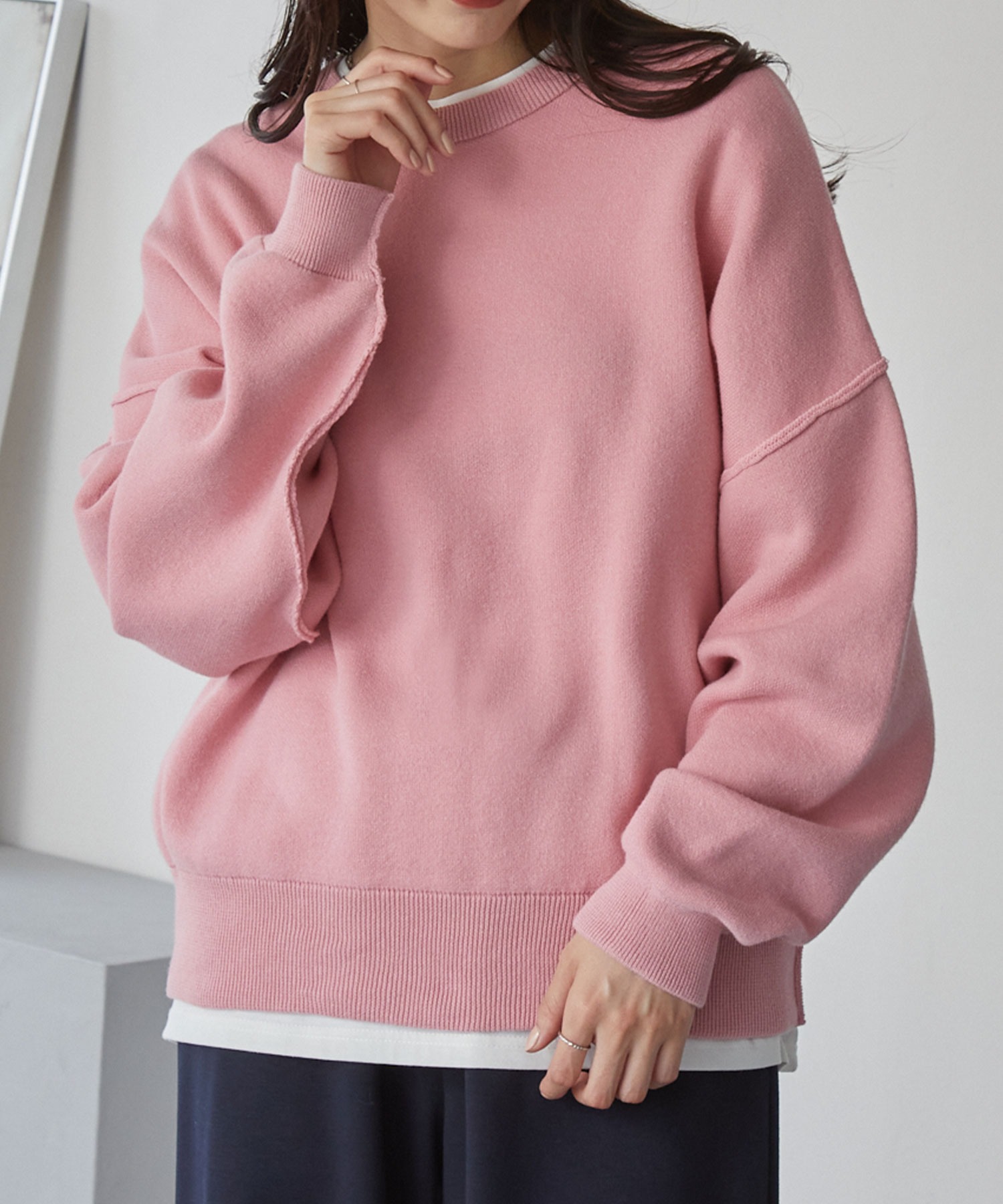 【正規品】Stone  淡いピンク クルーネック コットンニット M ウォッシャブル>スウェットライクビッグニット MONO-MART│MONO-MART