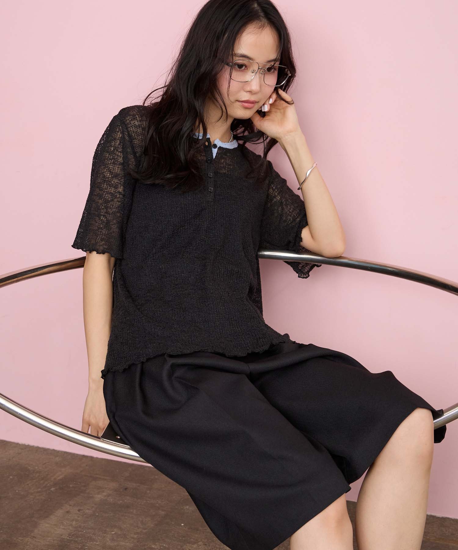 forksy.】＜エブリデイシリーズ＞シアーワッフル 配色 へンリーネック