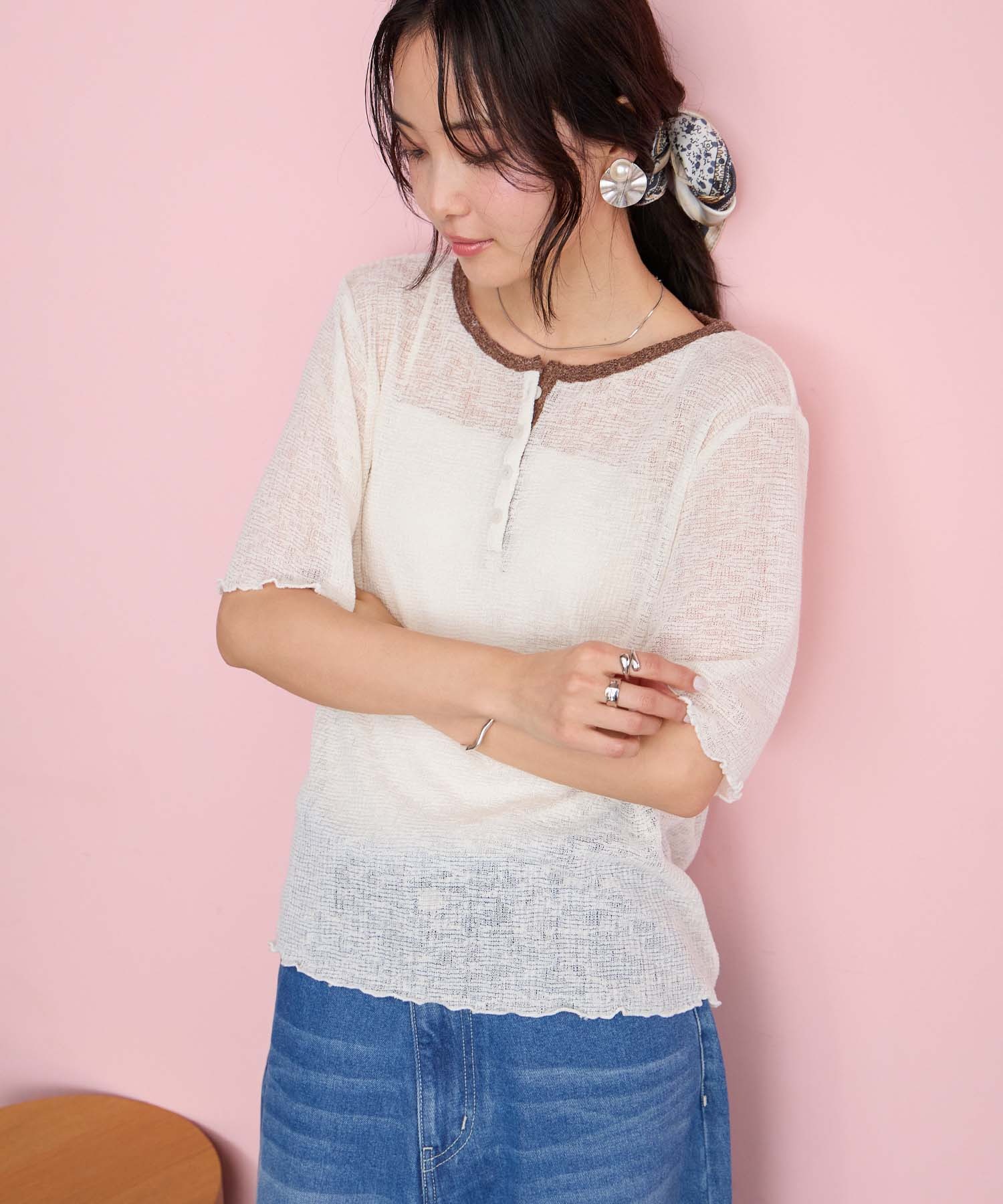 forksy.】＜エブリデイシリーズ＞シアーワッフル 配色 へンリーネック