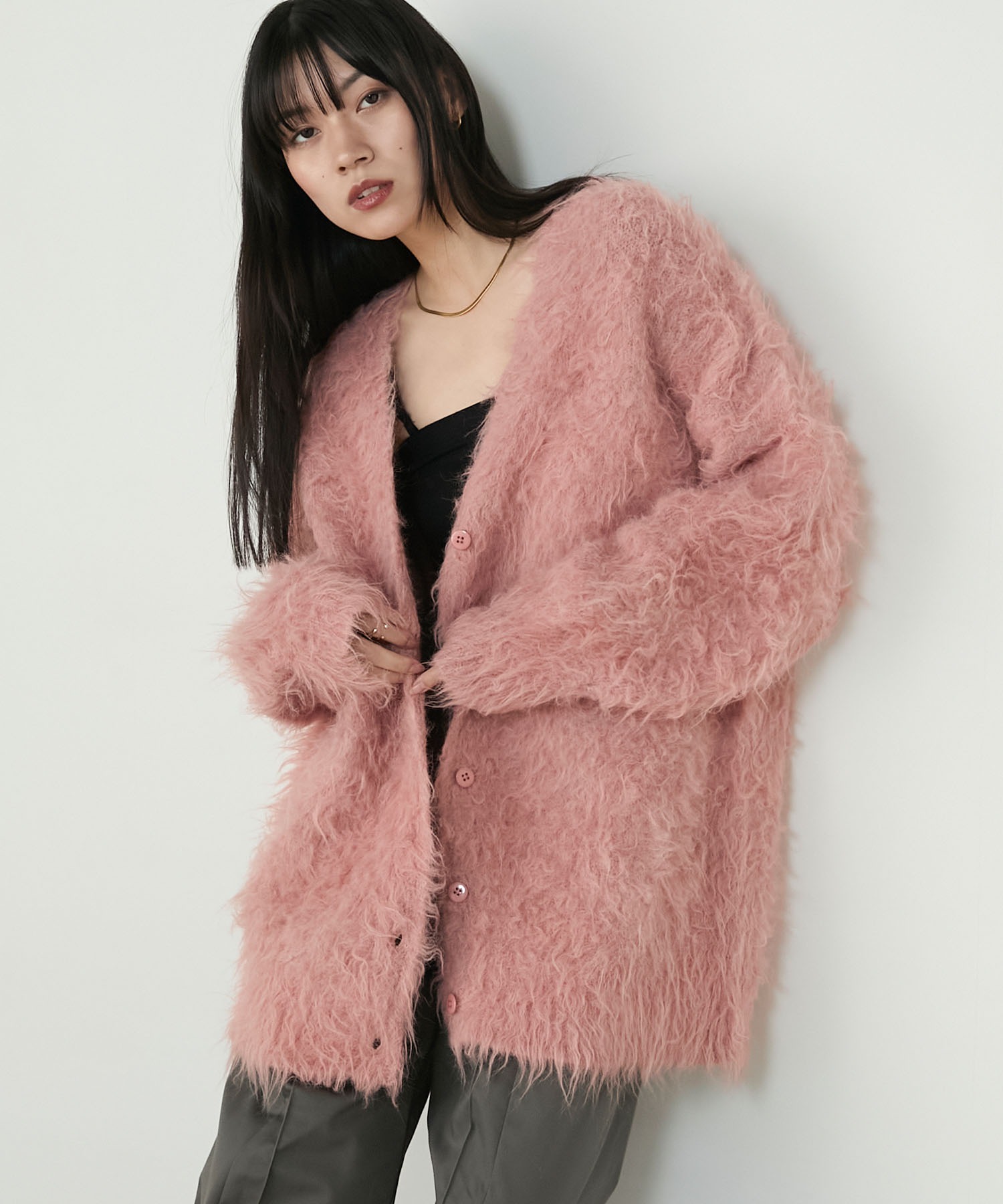 forksy.】モンスターシャギーニットルーズVネックカーディガン forksy