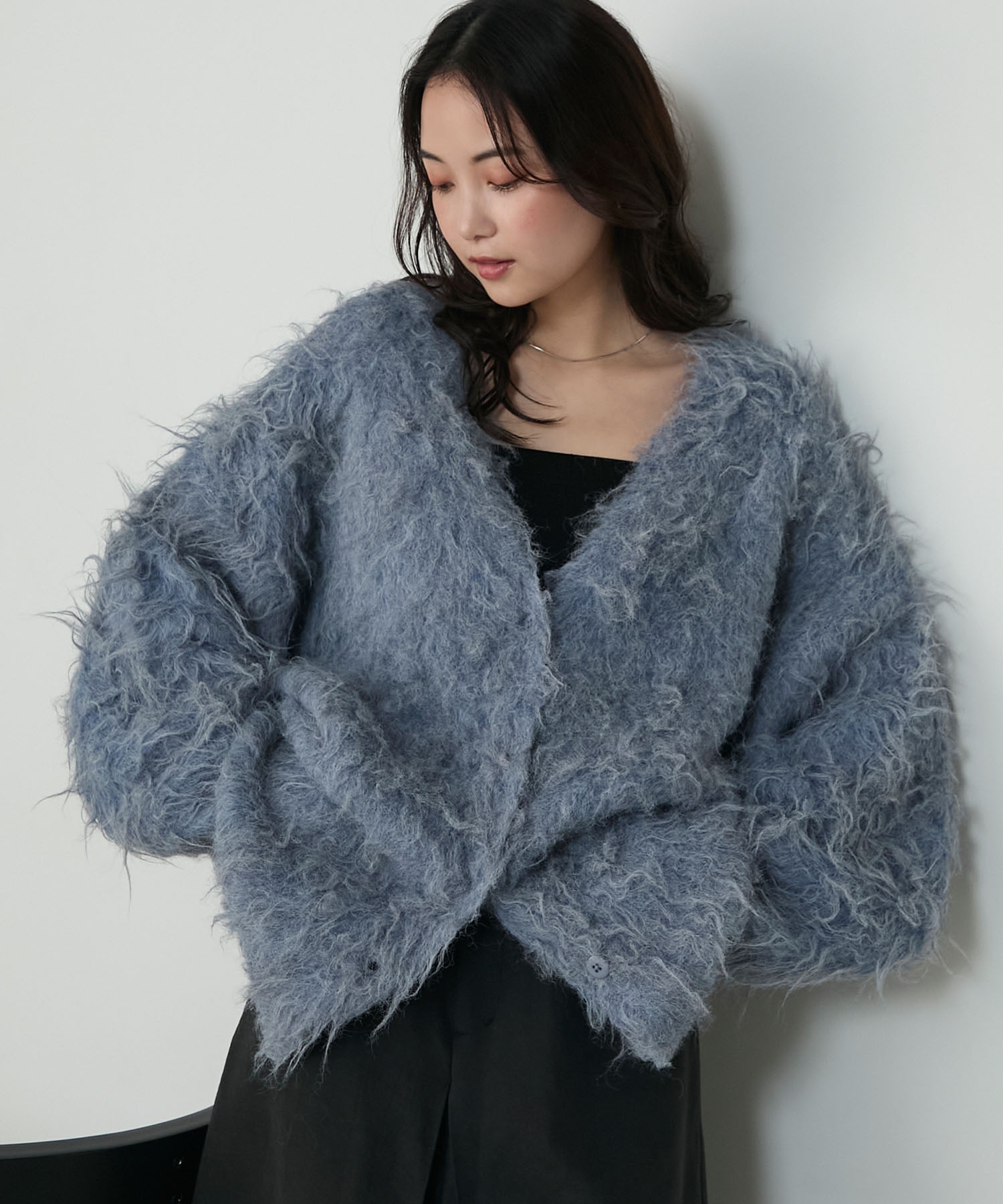 forksy.】モンスターシャギーニットルーズVネックカーディガン forksy