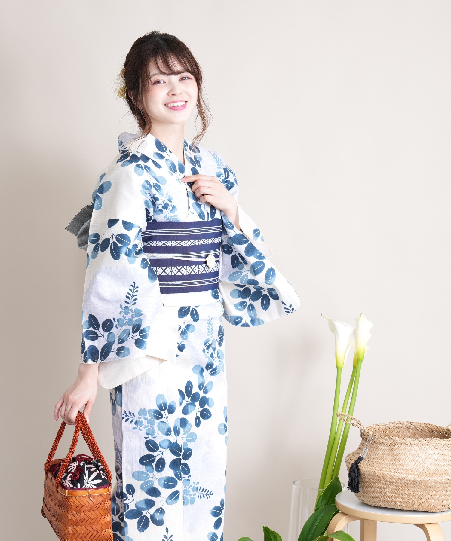 人気のファッションブランド 浴衣3点セット きなりに青の萩と丸菊 浴衣 Pik2ar Org