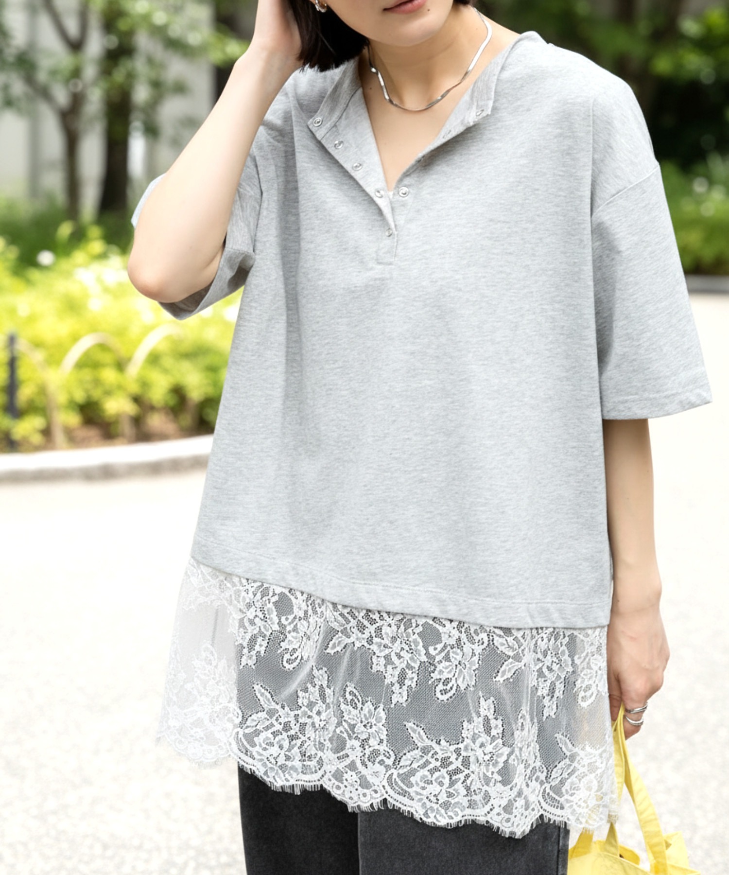 接触冷感＞2WAY 裾レース ヘンリーネック半袖Tシャツ MONO-MART│MONO