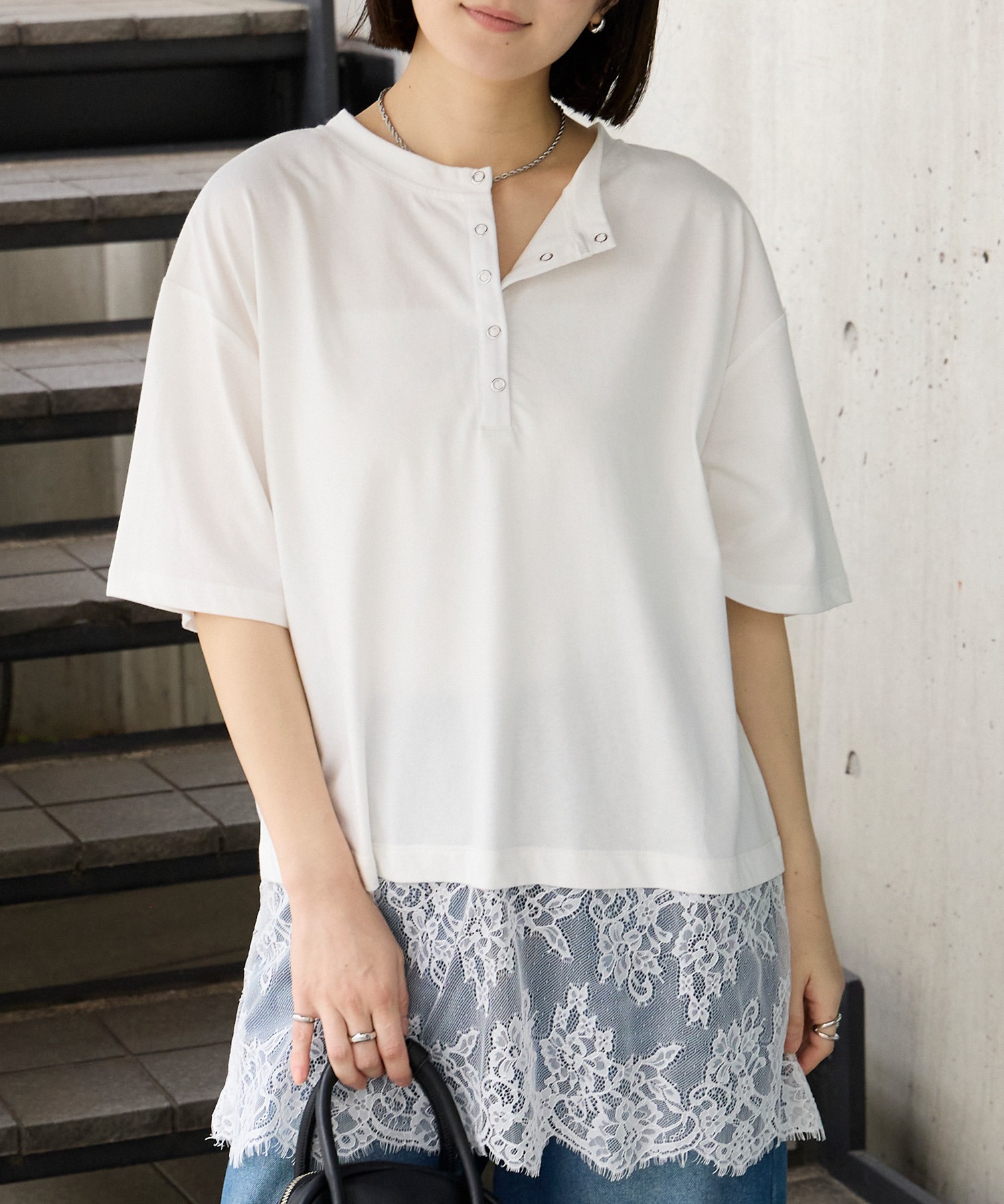 接触冷感＞2WAY 裾レース ヘンリーネック半袖Tシャツ MONO-MART│MONO 