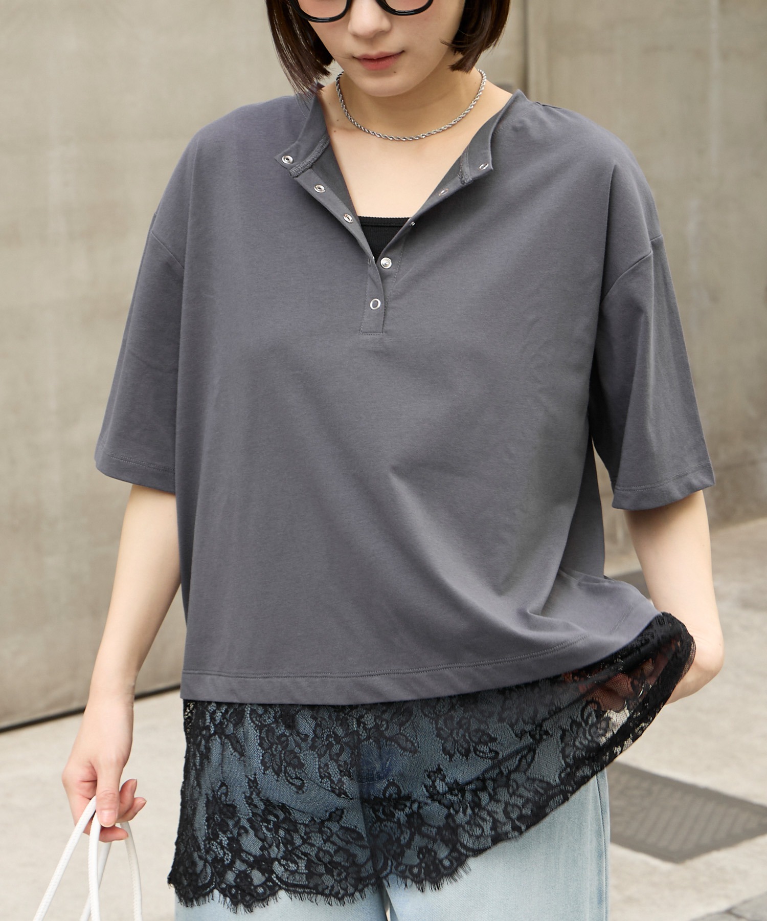 2WAY 裾レース ヘンリーネック半袖Tシャツ＜接触冷感＞ MONO-MART