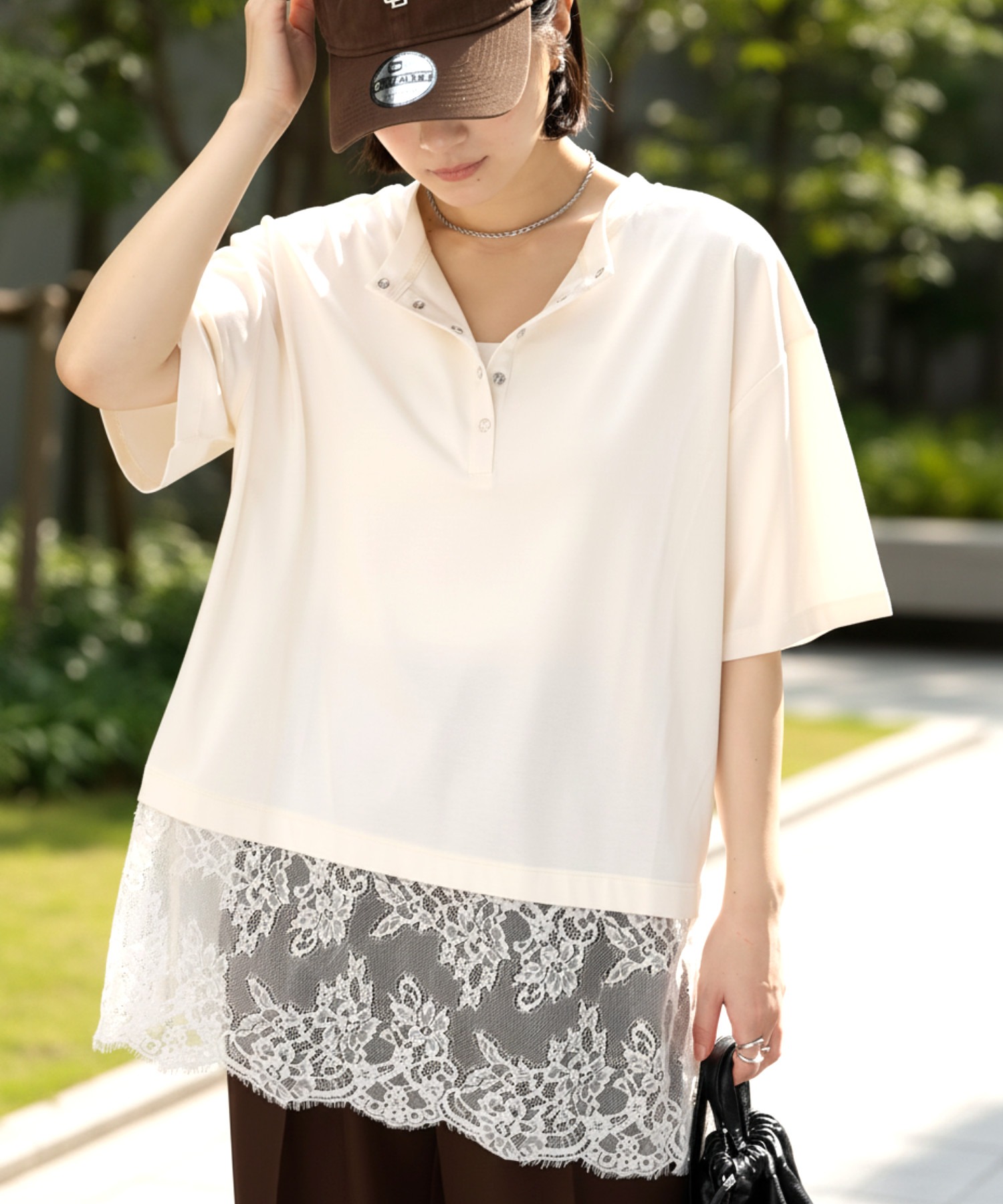 接触冷感＞2WAY 裾レース ヘンリーネック半袖Tシャツ MONO-MART│MONO