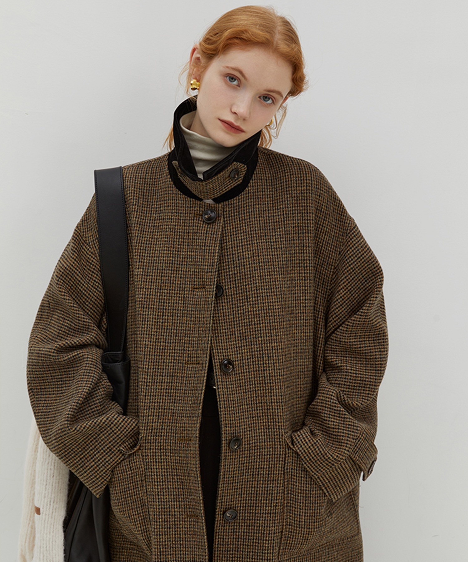 ベルベットカラー チェック柄 スタンドカラーコート FD22W140【Fano