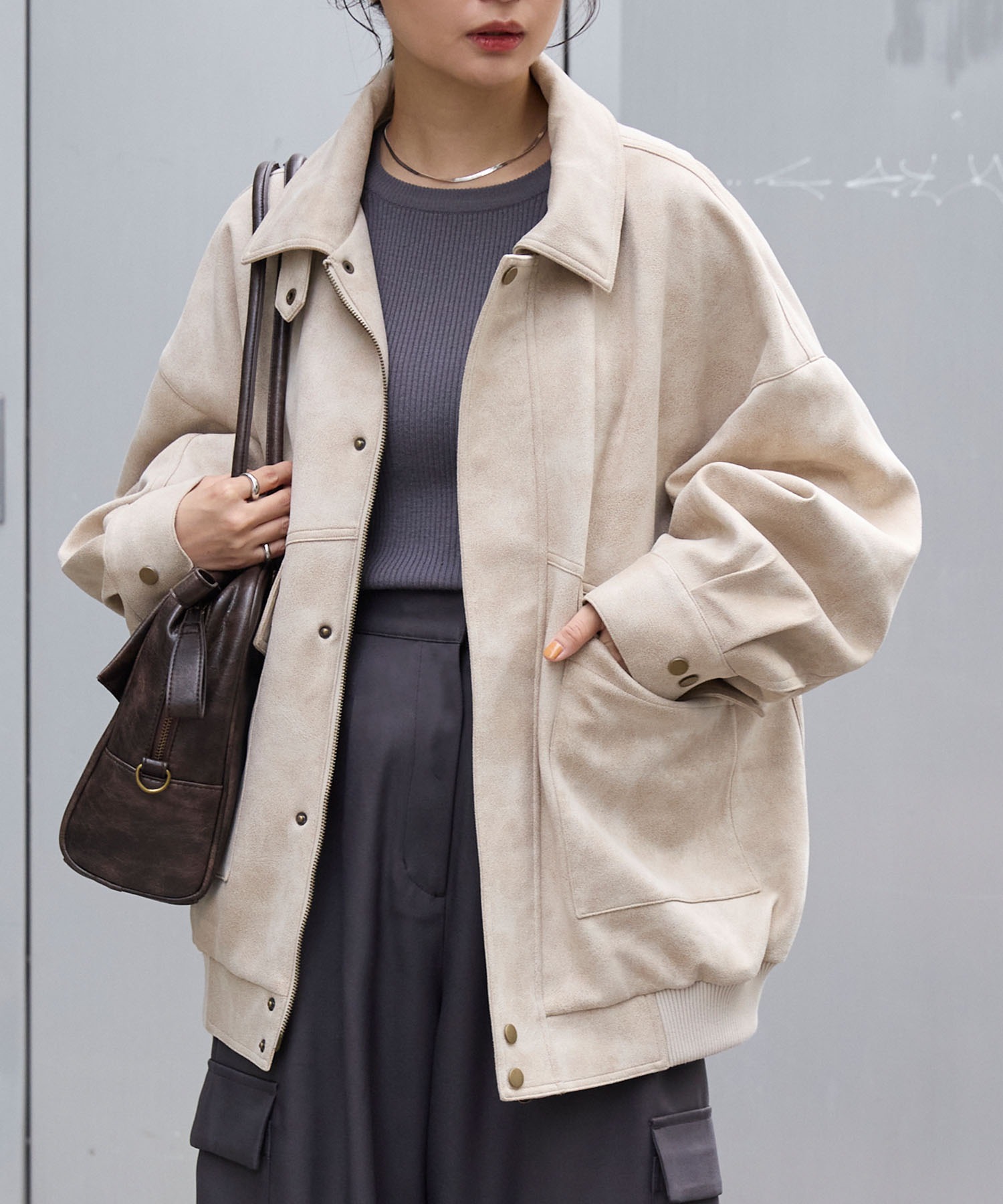 スムースタッチバルーンスリーブ フラップポケットオーバーサイズ