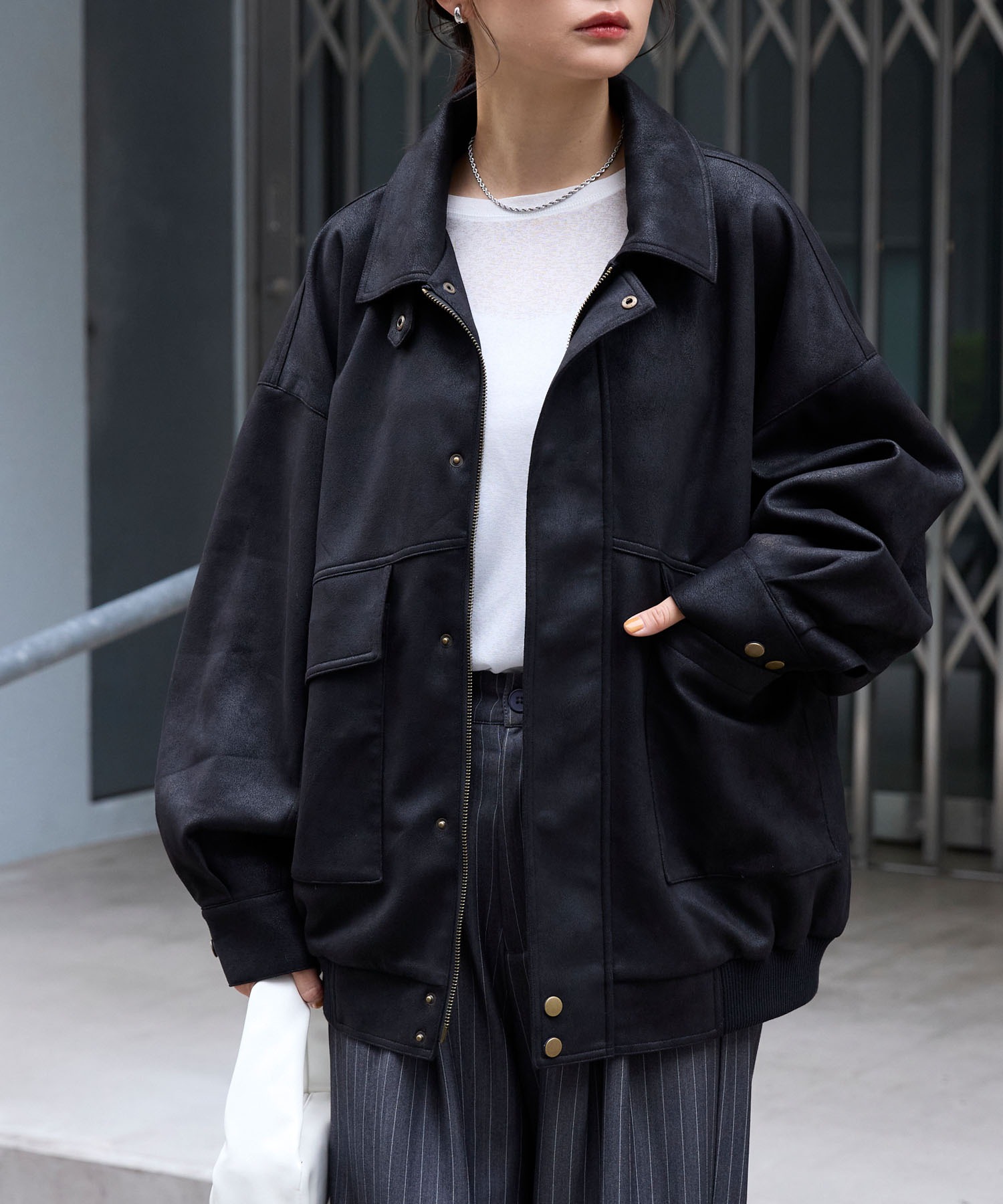 スムースタッチバルーンスリーブ フラップポケットオーバーサイズ