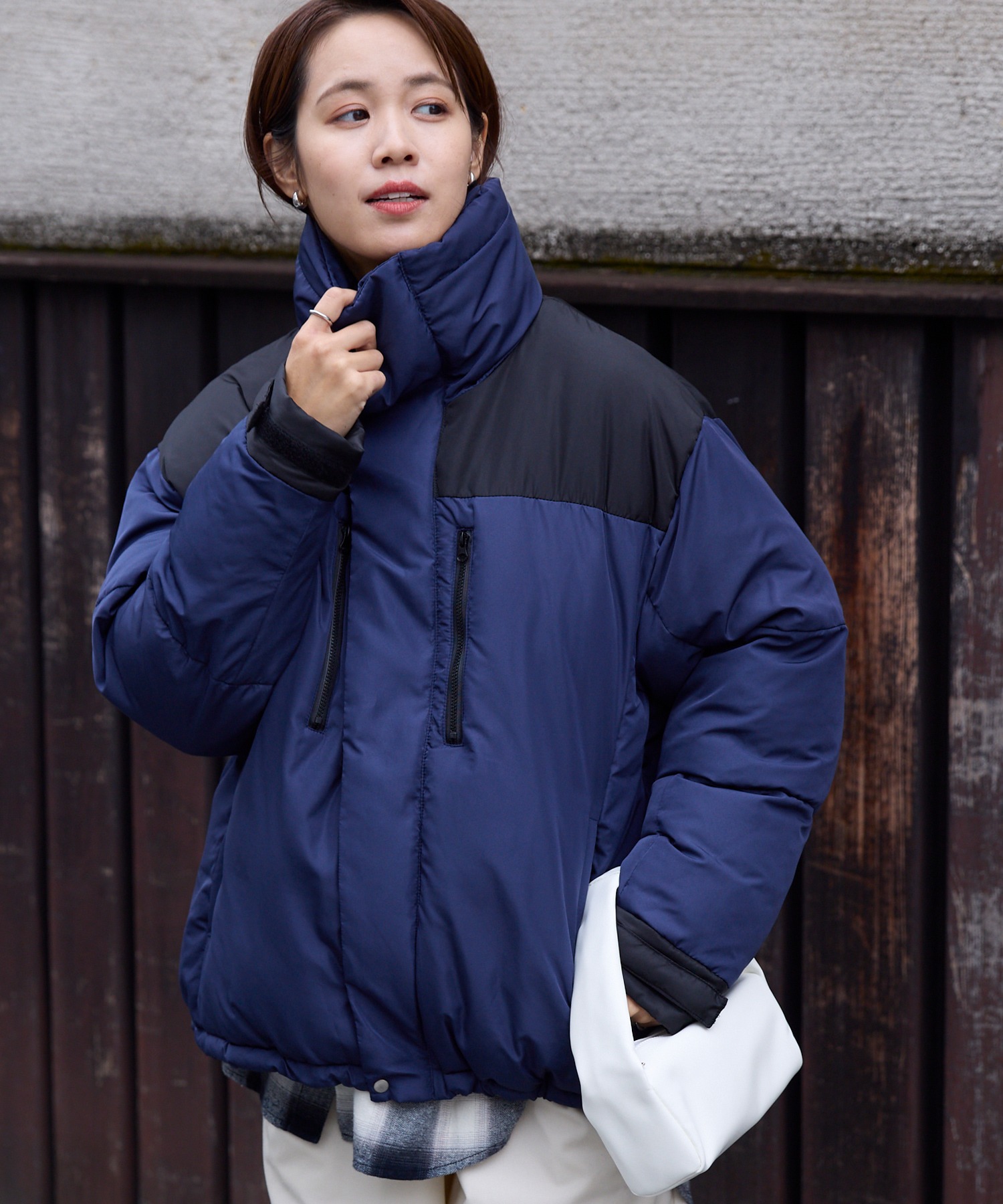 ビッグシルエット バイカラー ドロスト スタンドカラー パディング