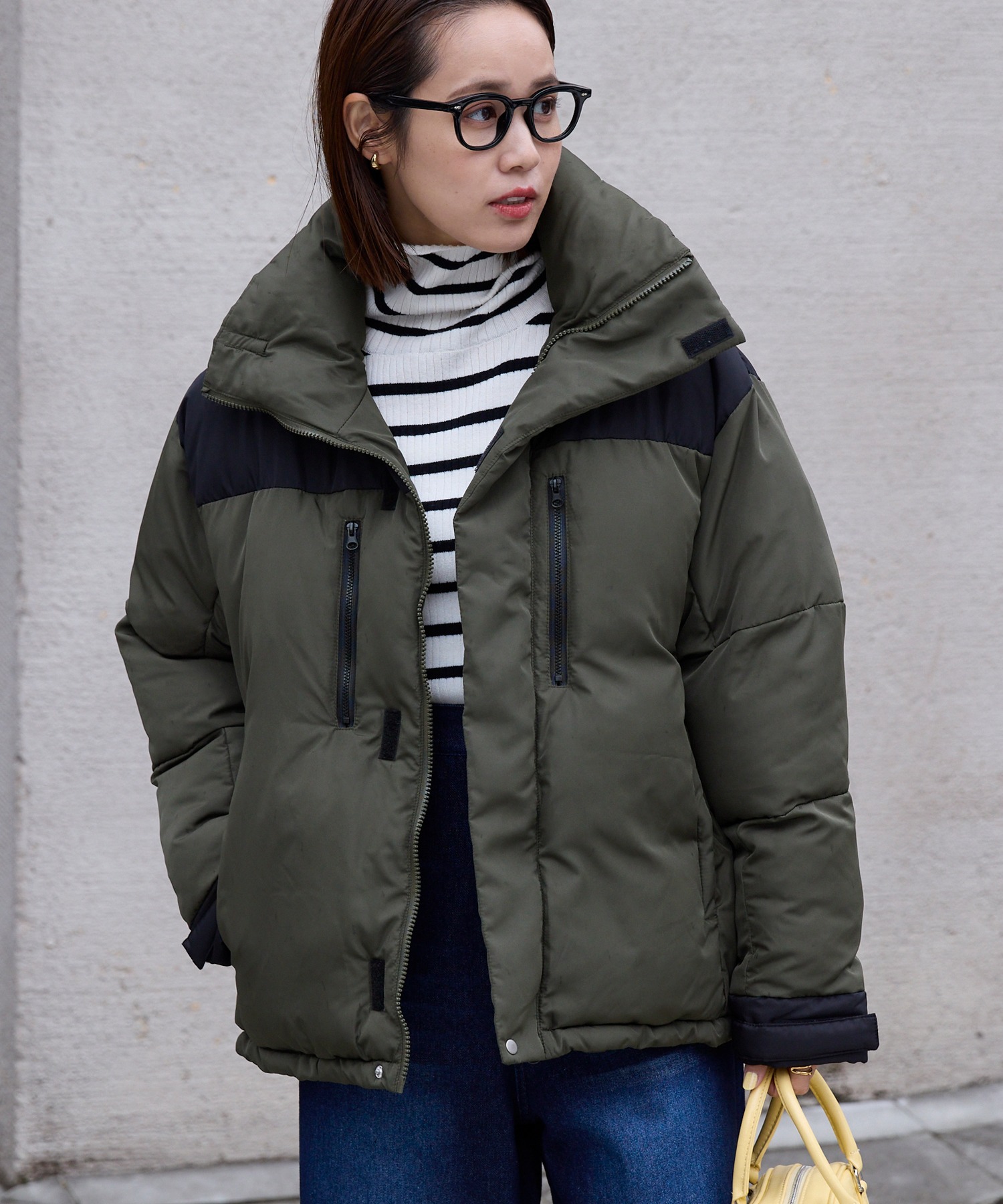 ビッグシルエット バイカラー ドロスト スタンドカラー パディング