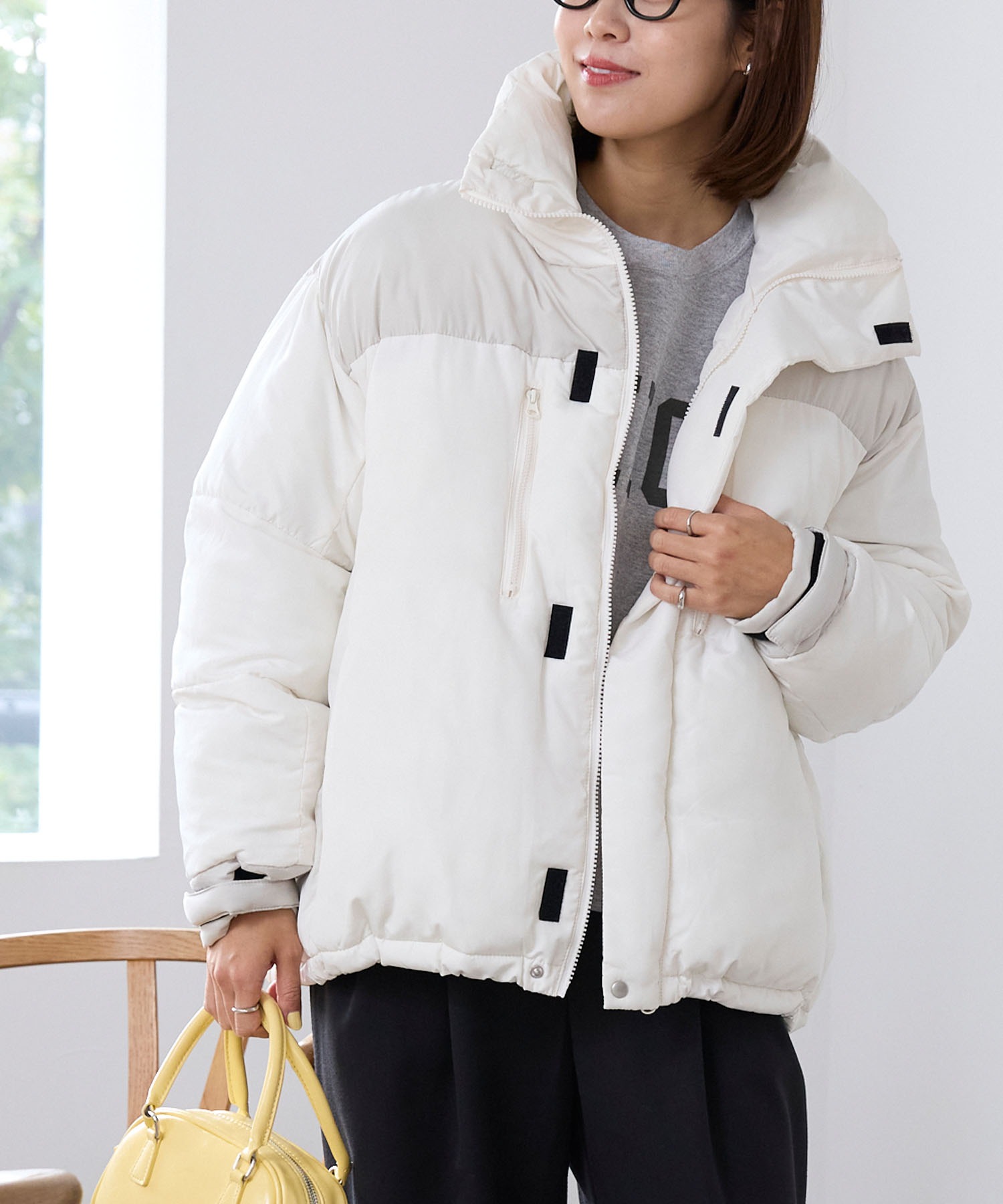 ビッグシルエット バイカラー ドロスト スタンドカラー パディング