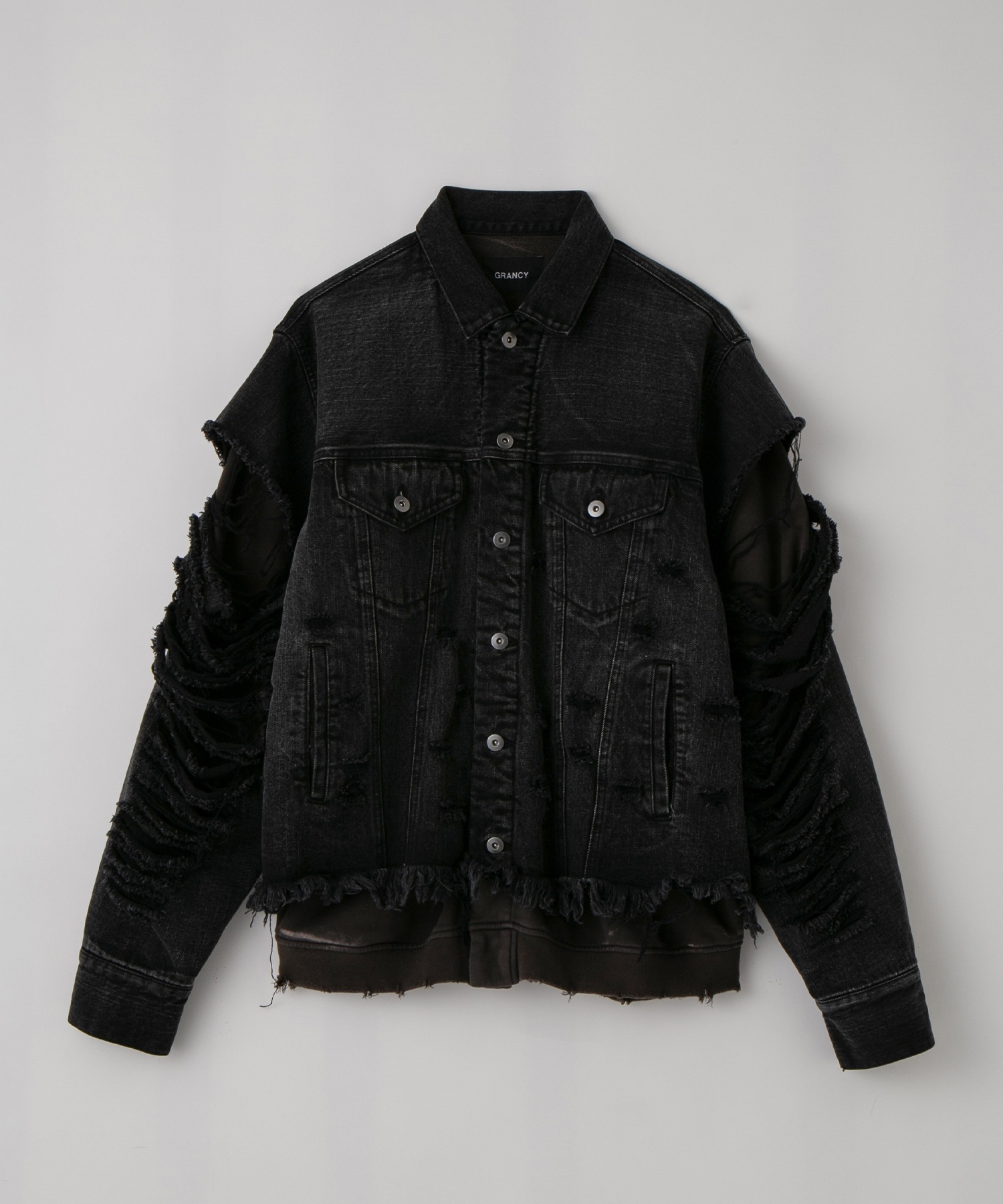 【GRANCY】スウェットドッキングデザインダメージデニムジャケット GRANCY】Sweat Docking Design Damage Denim Jacket / スウェット