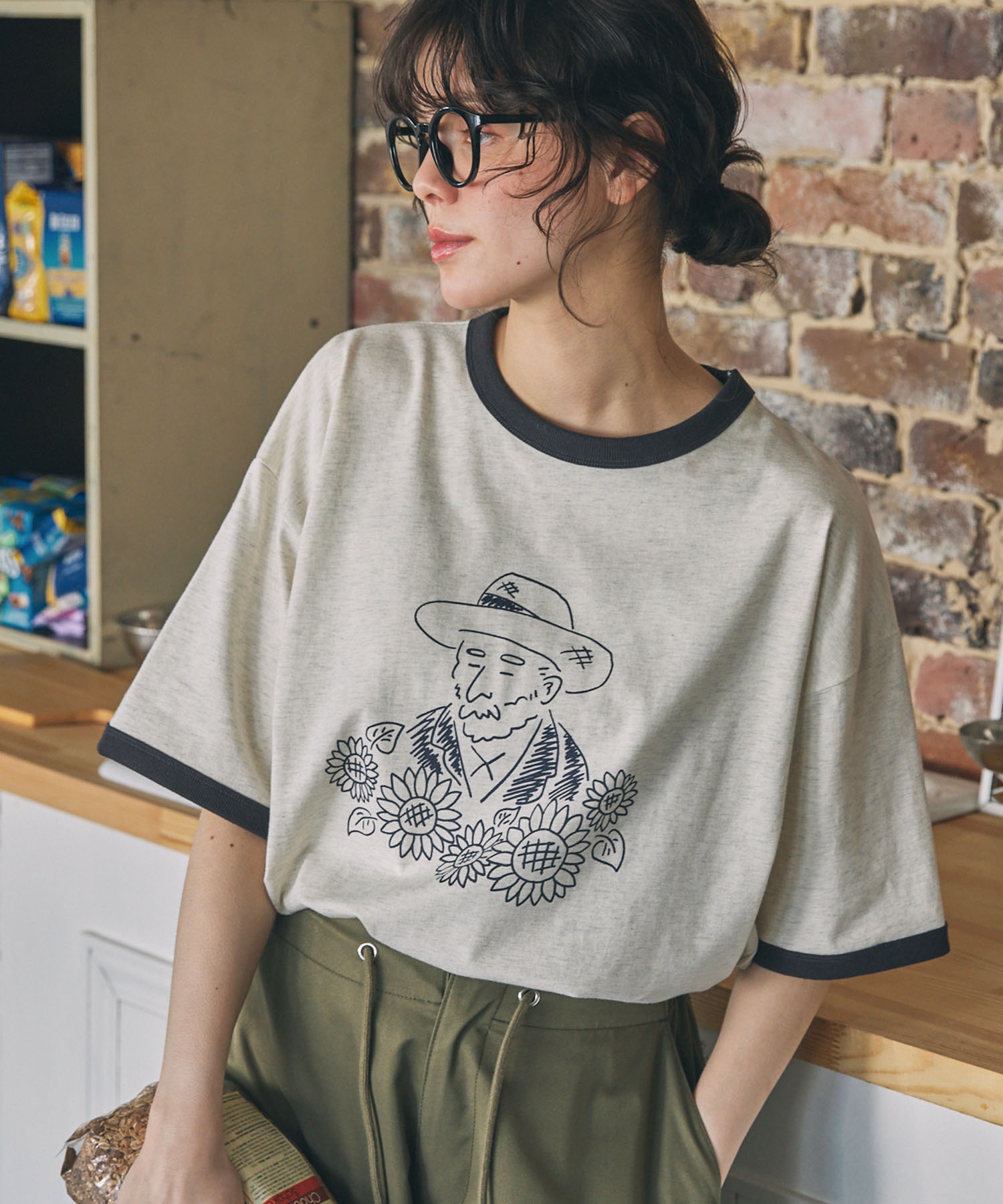 手書き風 偉人イラスト 半袖 リンガーTシャツ MONO-MART LADY