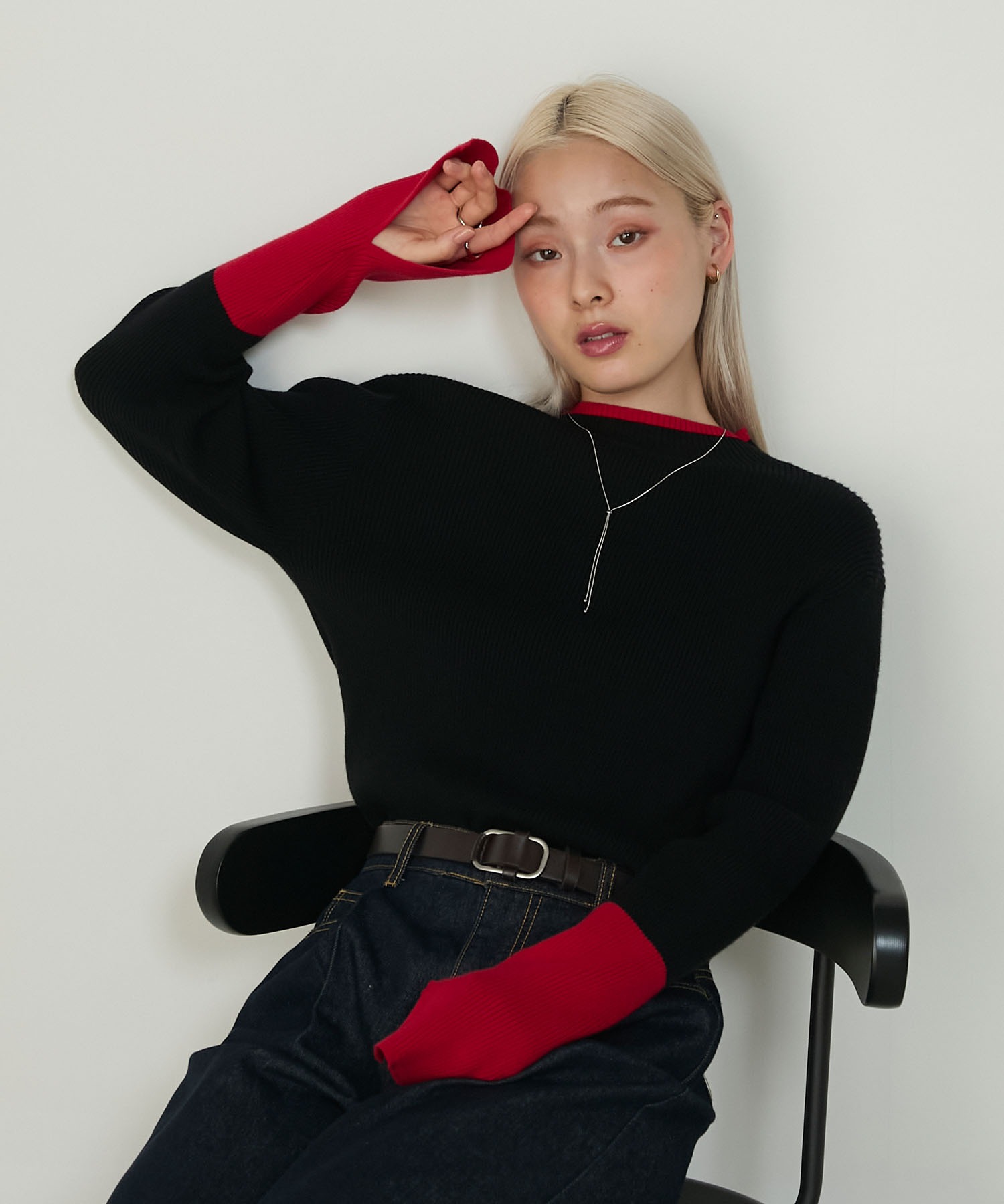 Ｋ.GLAD forksy.】【吸湿発熱】袖口配色スリットハイネックリブニット forksy